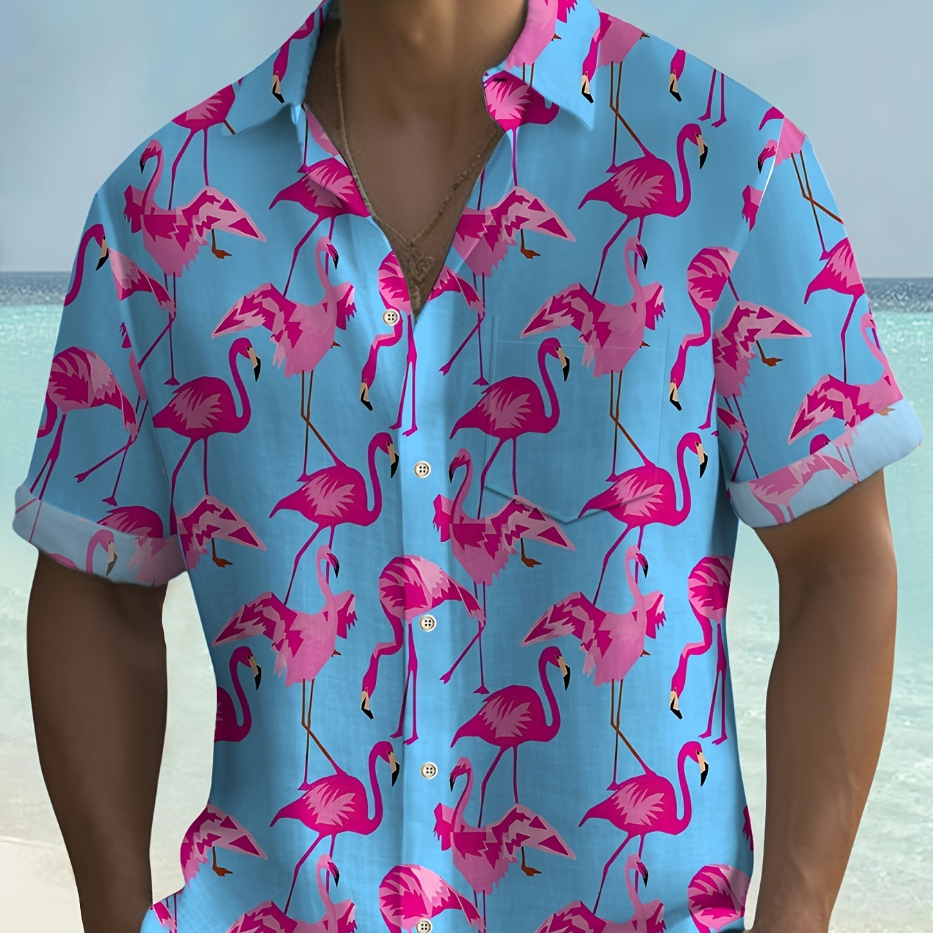 

Plus Size Men's Flamingo Graphic Print Shirt For Summer, Hawaiian Short Sleeve Shirt For Males