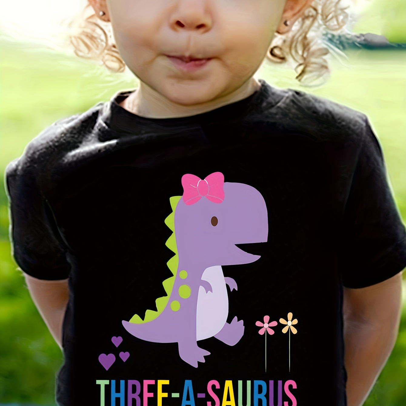 

Three-a-saurus & Cartoon Dinosaur With Flowers Graphic Print Tee, Girls' Casual & Comfy Short Sleeve Crew Neck T-shirt For Spring & Summer, Girls' Clothes