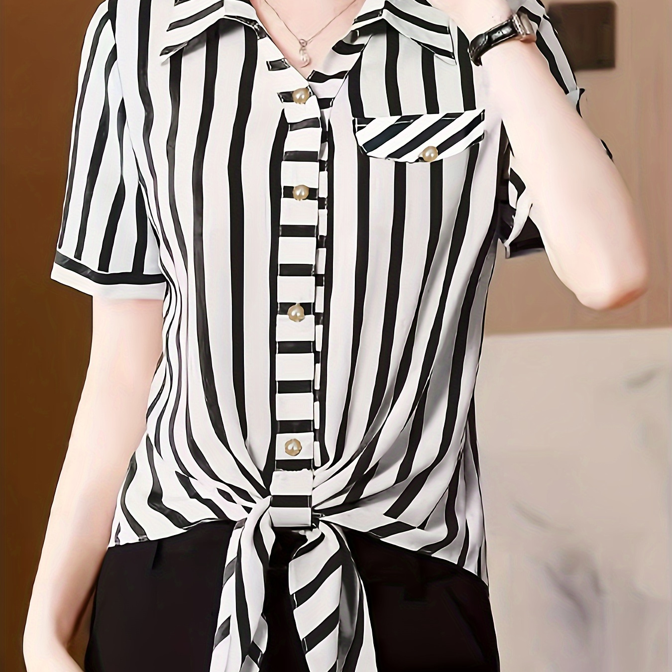 

Vertical Striped Button Front Shirt, Chic Knot Short Sleeve Shirt For Spring & Summer, Women's Clothing