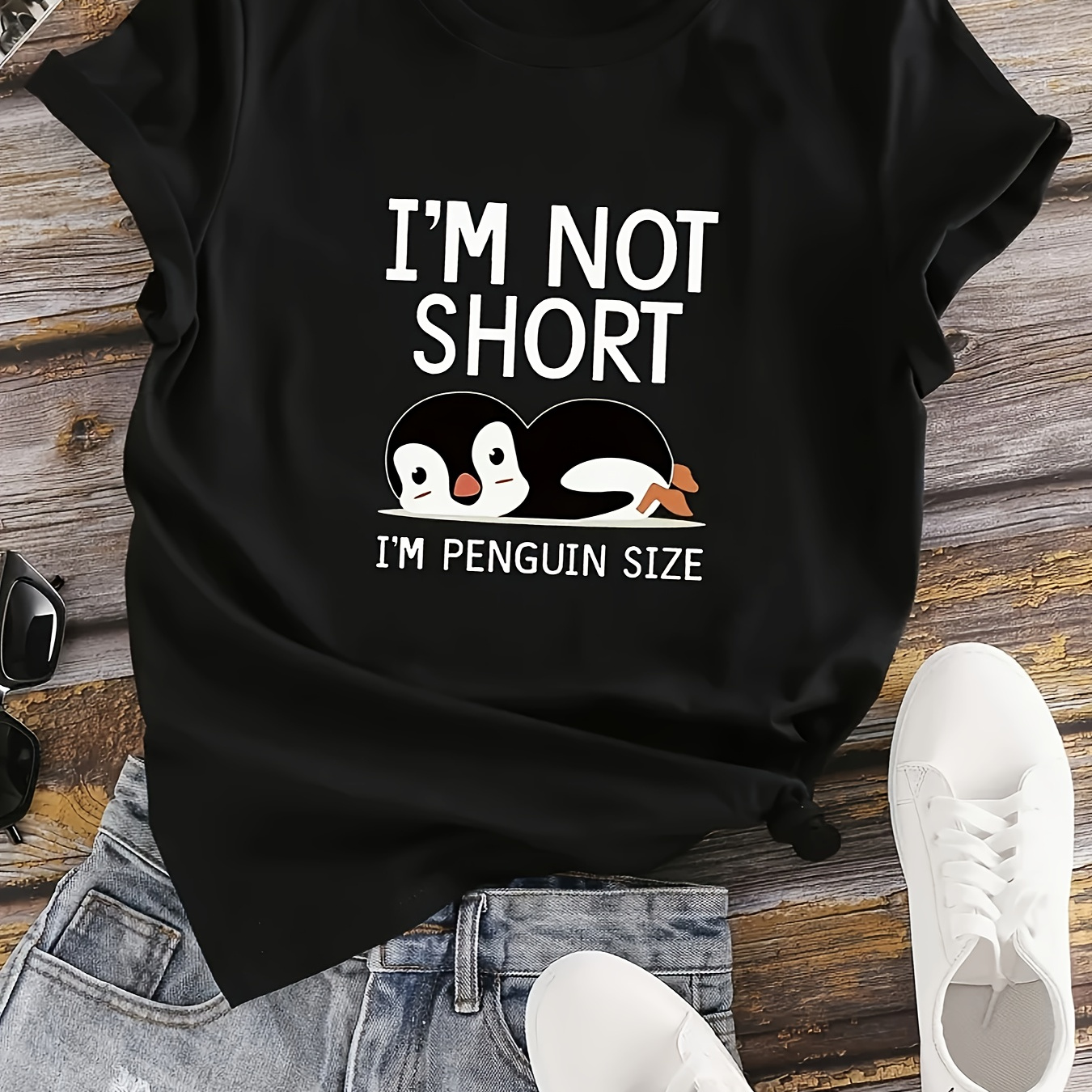 

I'm Not Short Penguin Print Crew Neck T-shirt - Fashionable Womens Graphic Print T-shirt - Casual Short Sleeve Crew Neck Top - Lightweight & Breathable For Spring & Summer Wardrobe