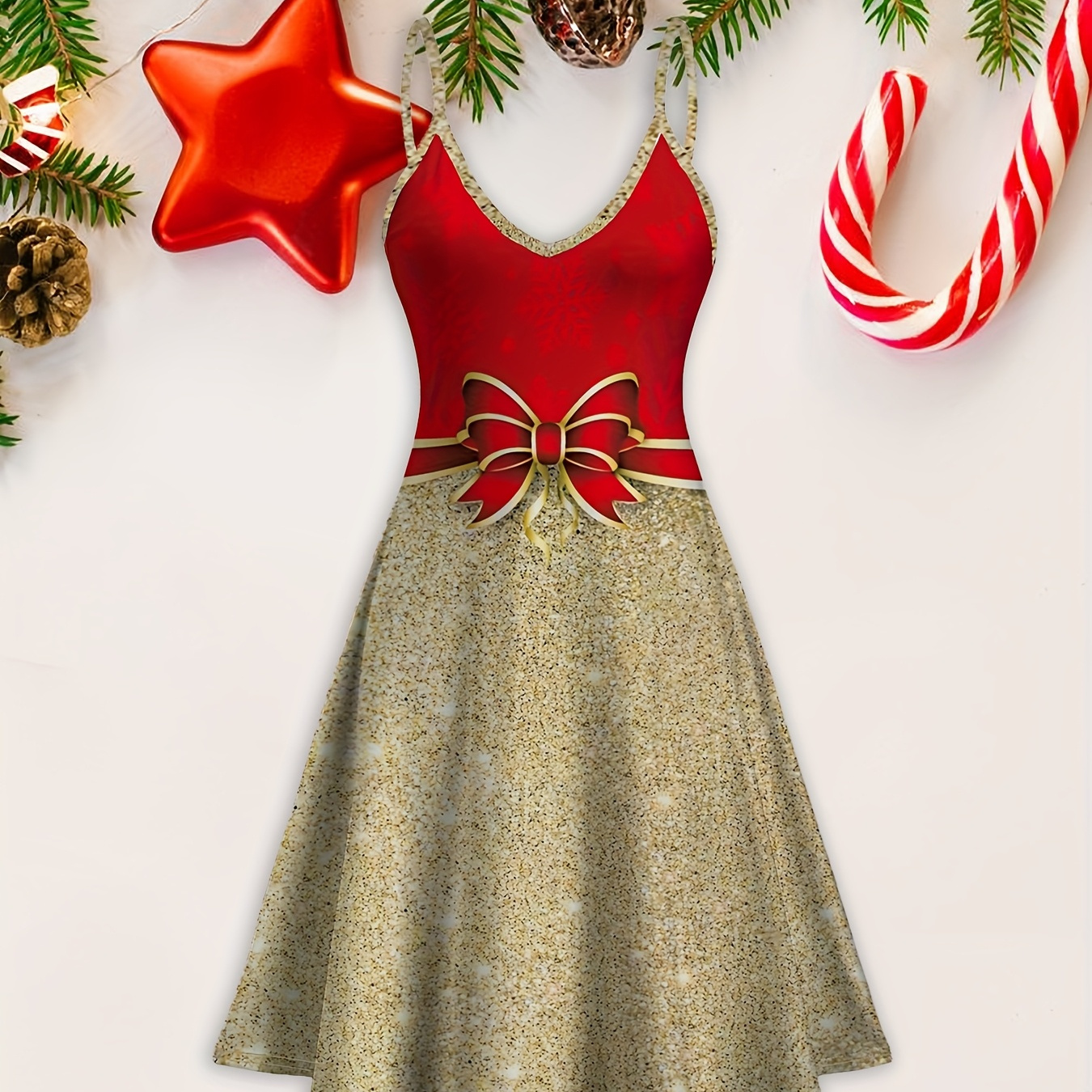 

Christmas Bow 3d Print V-neck High Waist Thin Suspender Dress Color Sleeveless A-line Suspender Dress