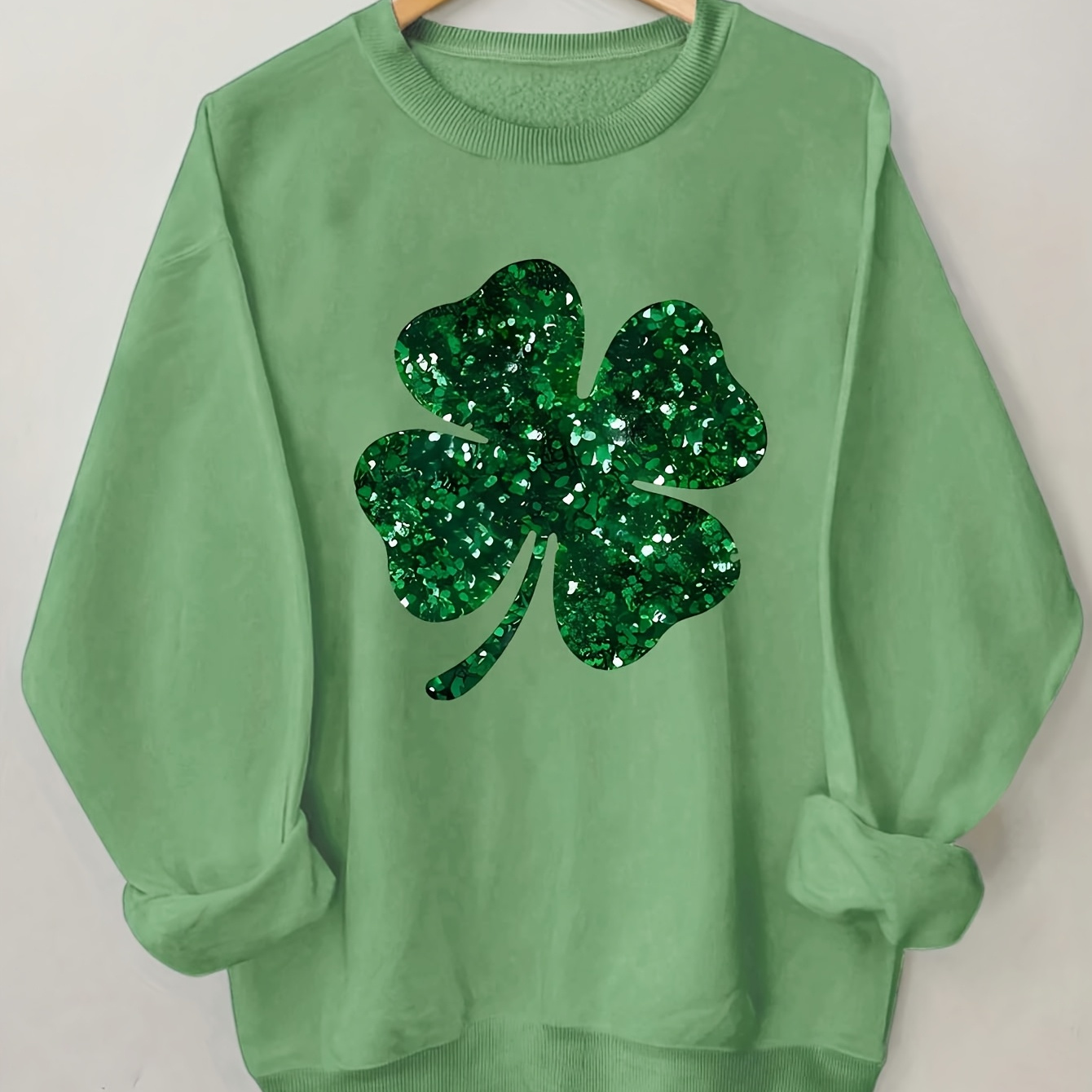 

Women's 's Day Sparkling Hoodie - 100% Polyester, Casual Long Sleeve Crewneck With Glittery Shamrock Design, Machine Washable, Ideal For