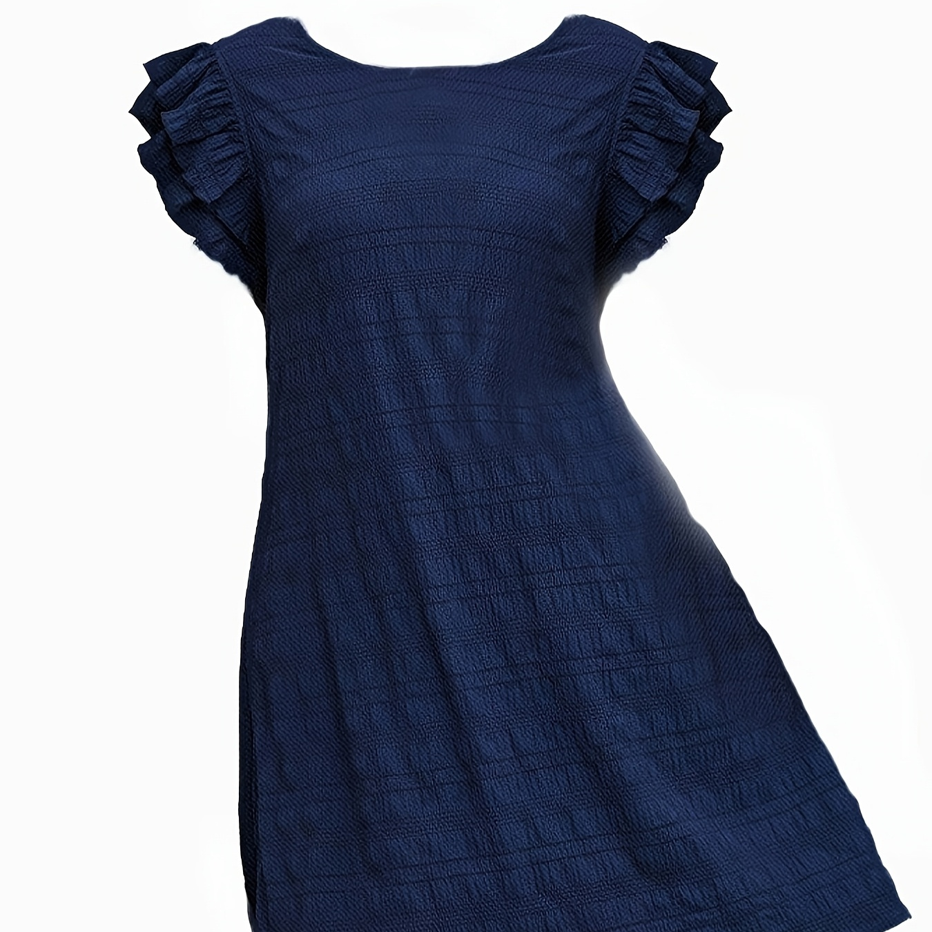 

1pc Blue Ruffle Crew Neck Tunic Dress For Women - Polyester, Stretch, Loose Fit, Knee-length, Woven, Solid Color, Casual For Spring/summer/fall