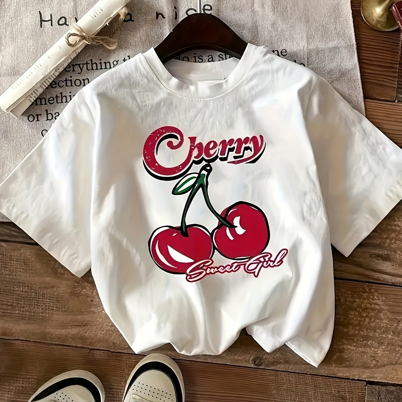 

Letter Cherry Print T-shirt, Short Sleeved Casual Top, Summer, Women's