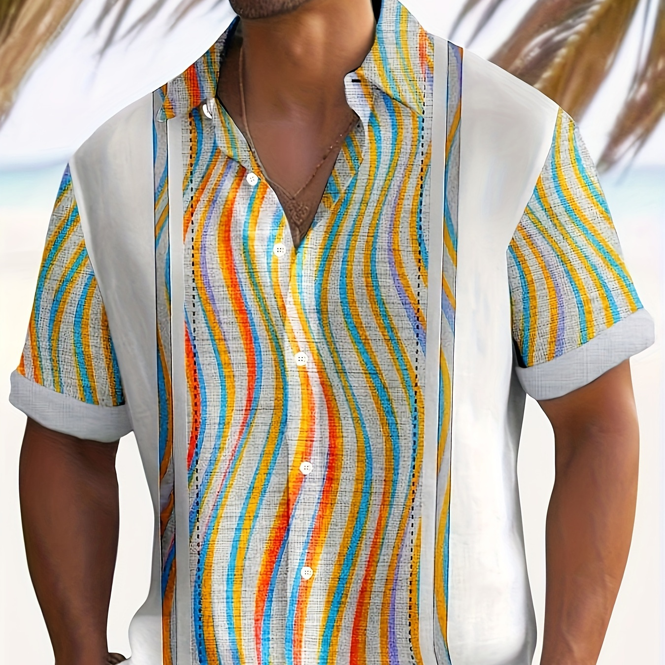 

Plus Size Men's Colorful Fluctuated Stripes Graphic Print Shirt For Summer, Casual Trendy Short Sleeve Shirt For Males