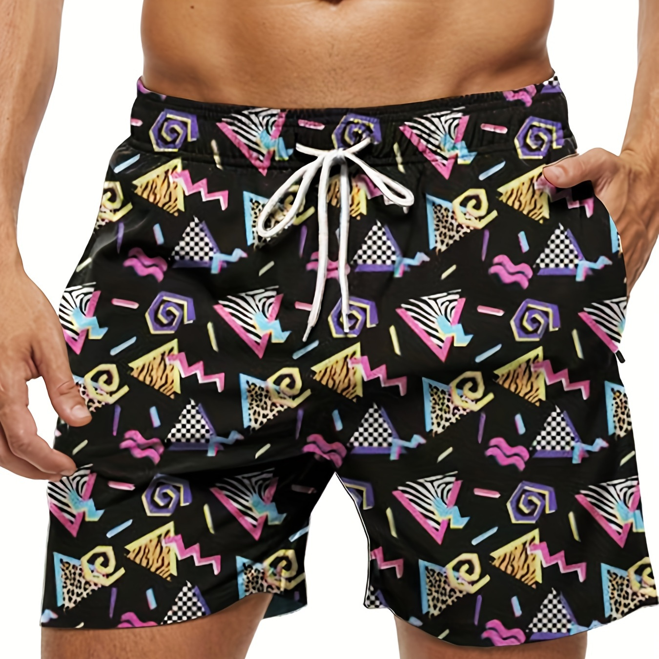 Plus Size Men's Geometric Graphic Print Swimming Trunks Drawstring Waist Swim Shorts Summer Funny Novelty Bathing Shorts Swimwear Beachwear