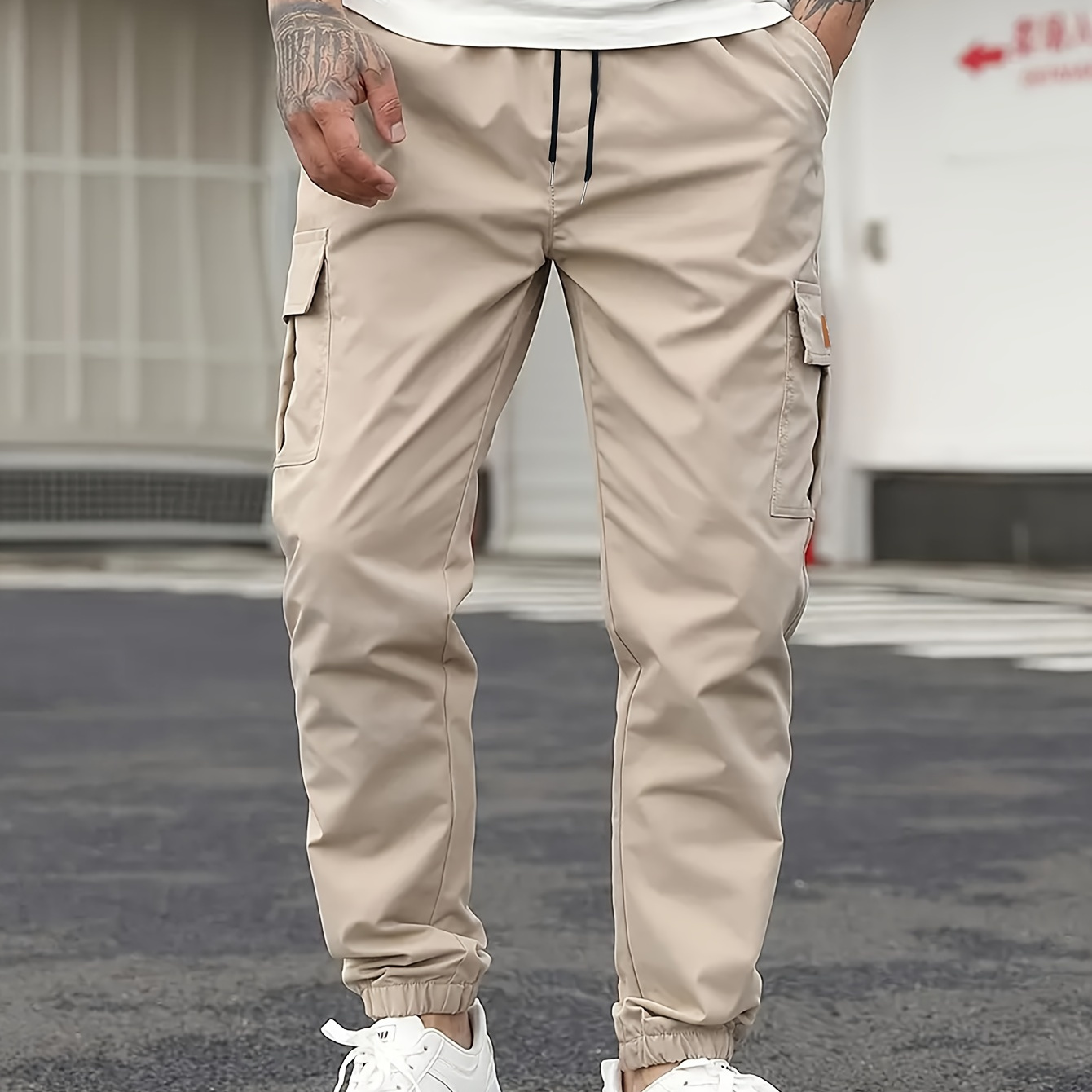 

fr: Pantalon cargo de jogging de couleur unie pour hommes avec cordons de serrage, pantalon décontracté et élégant, respirant, pour l'extérieur, comme cadeau