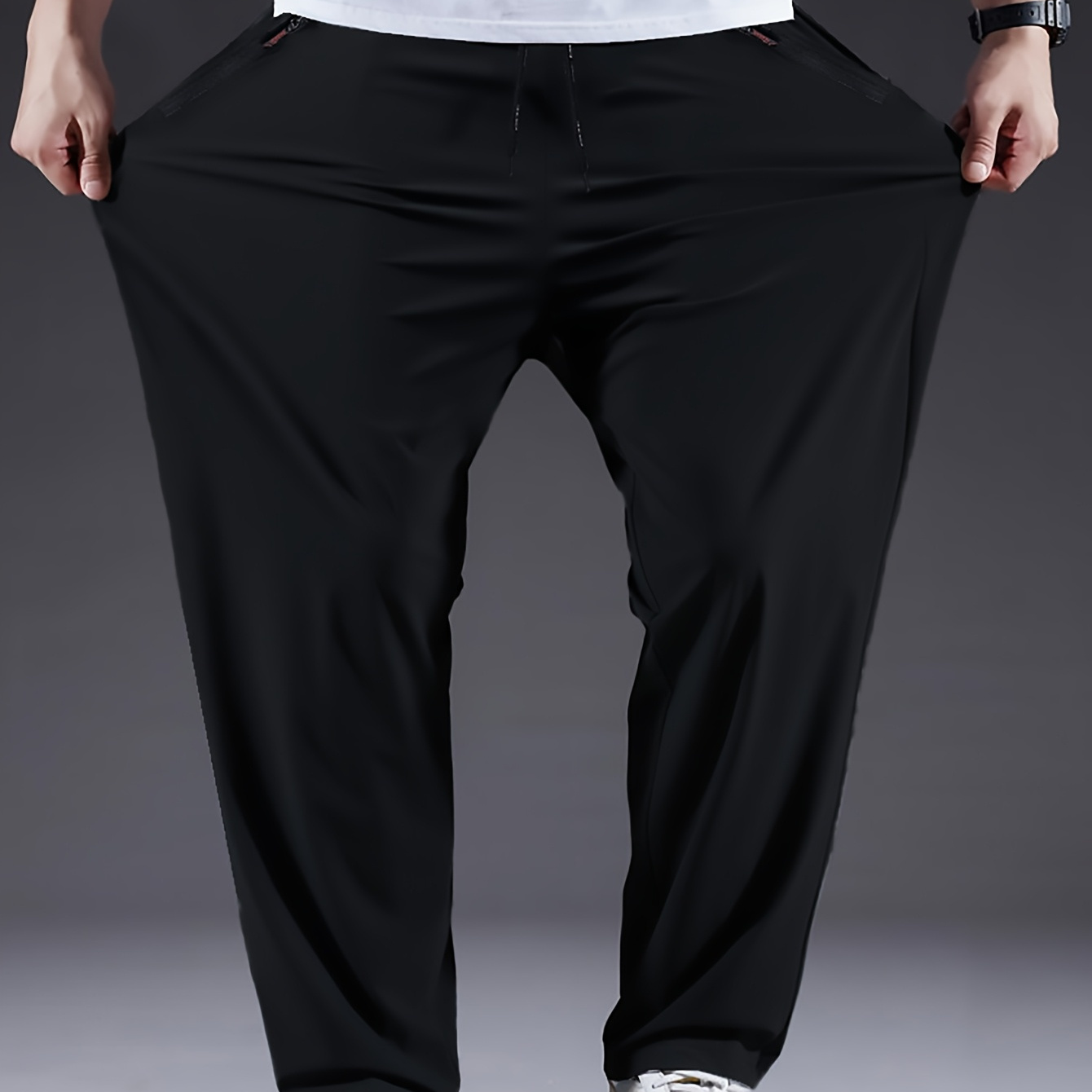 

Men's Plus Size Polyester Sports Pants - 100% Polyester, , Slight Stretch Fabric, Solid Color, Spring/summer, Regular Fit, Adult Weekend Casual Trousers With Woven