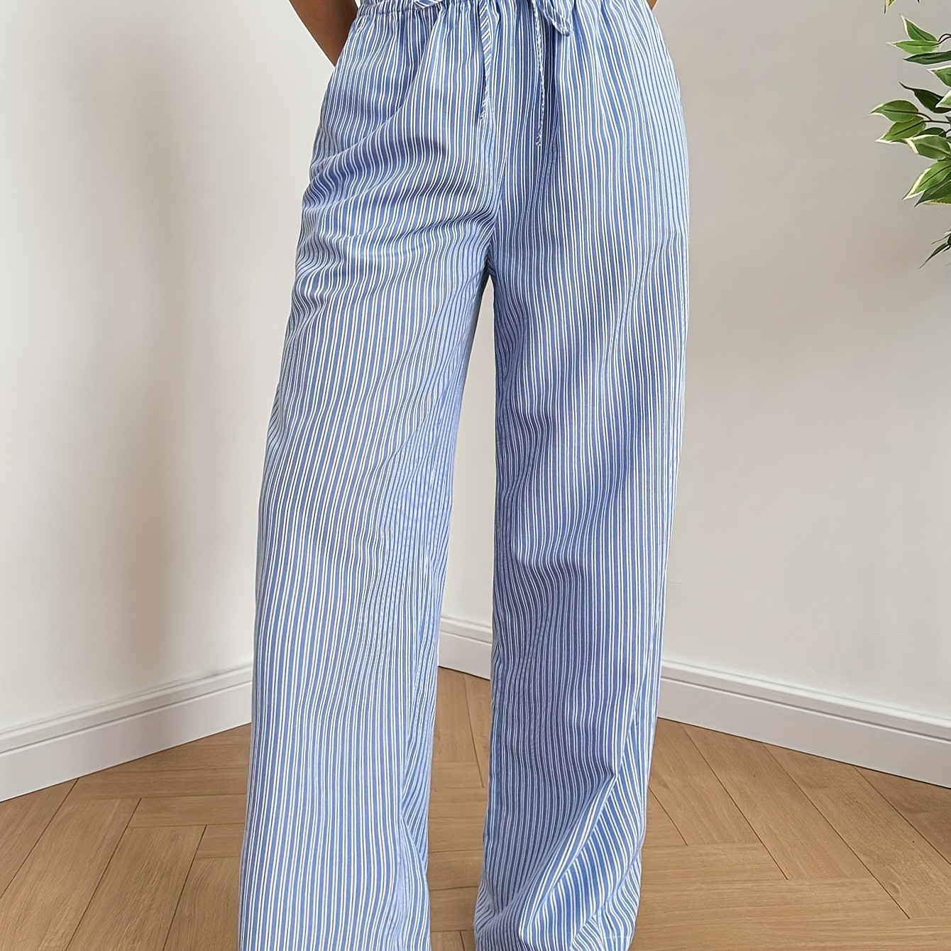 

Striped Print Drawstring Waist Pants, Casual Straight Leg Loose Pants For Spring & Fall, Women's Clothing