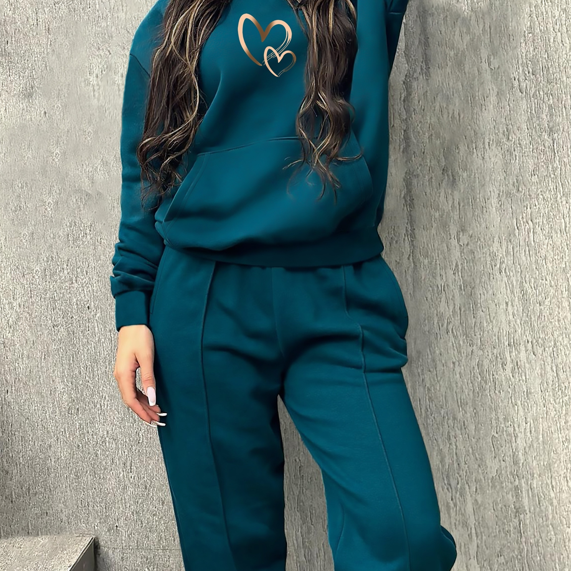 

Ensemble pièces sweat à capuche et pantalon droit taille élastique imprimé automne et hiver couleur unie à poche simple en velours long manches