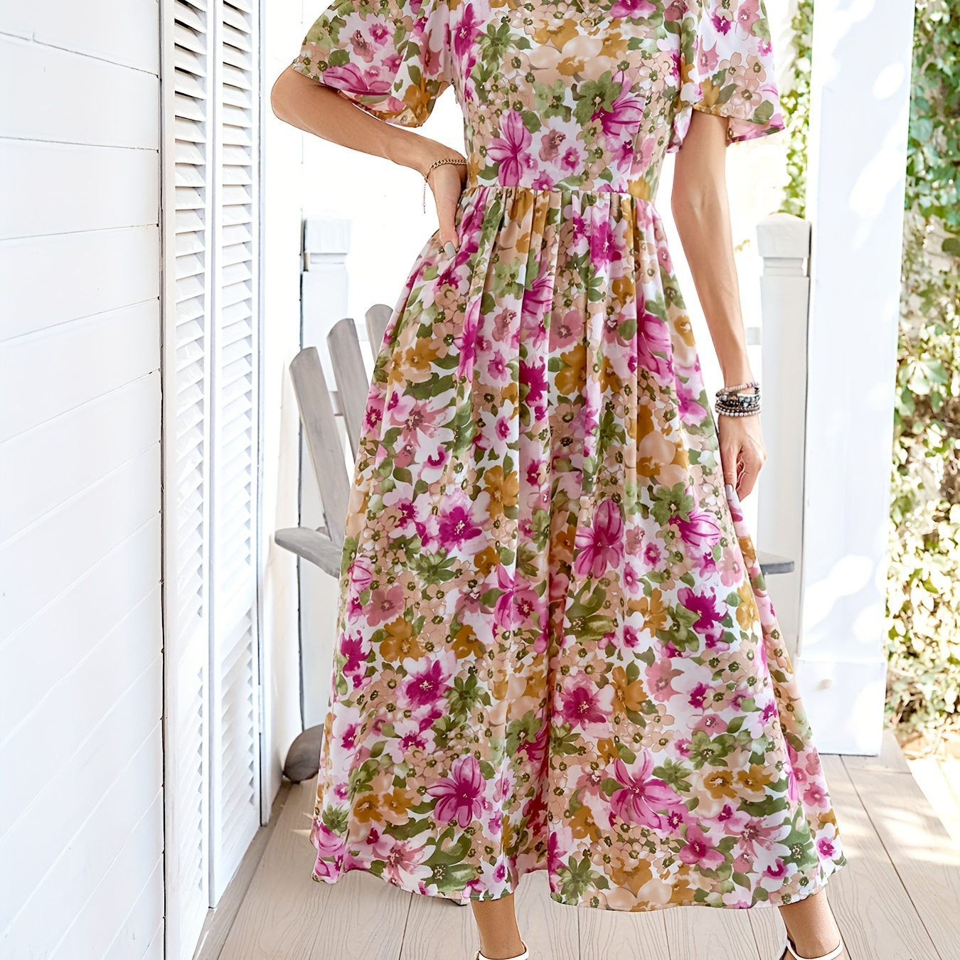 

Floral Square Neck Dress, Elegant Ruffle Sleeve Dress For Spring & Summer, Women's Clothing