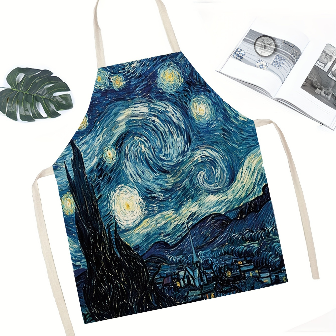 

Starry Night Inspired Artistic Apron - Vintage Linen With Tie-back Detail, Hand-washable, Non-transparent, For & Baking