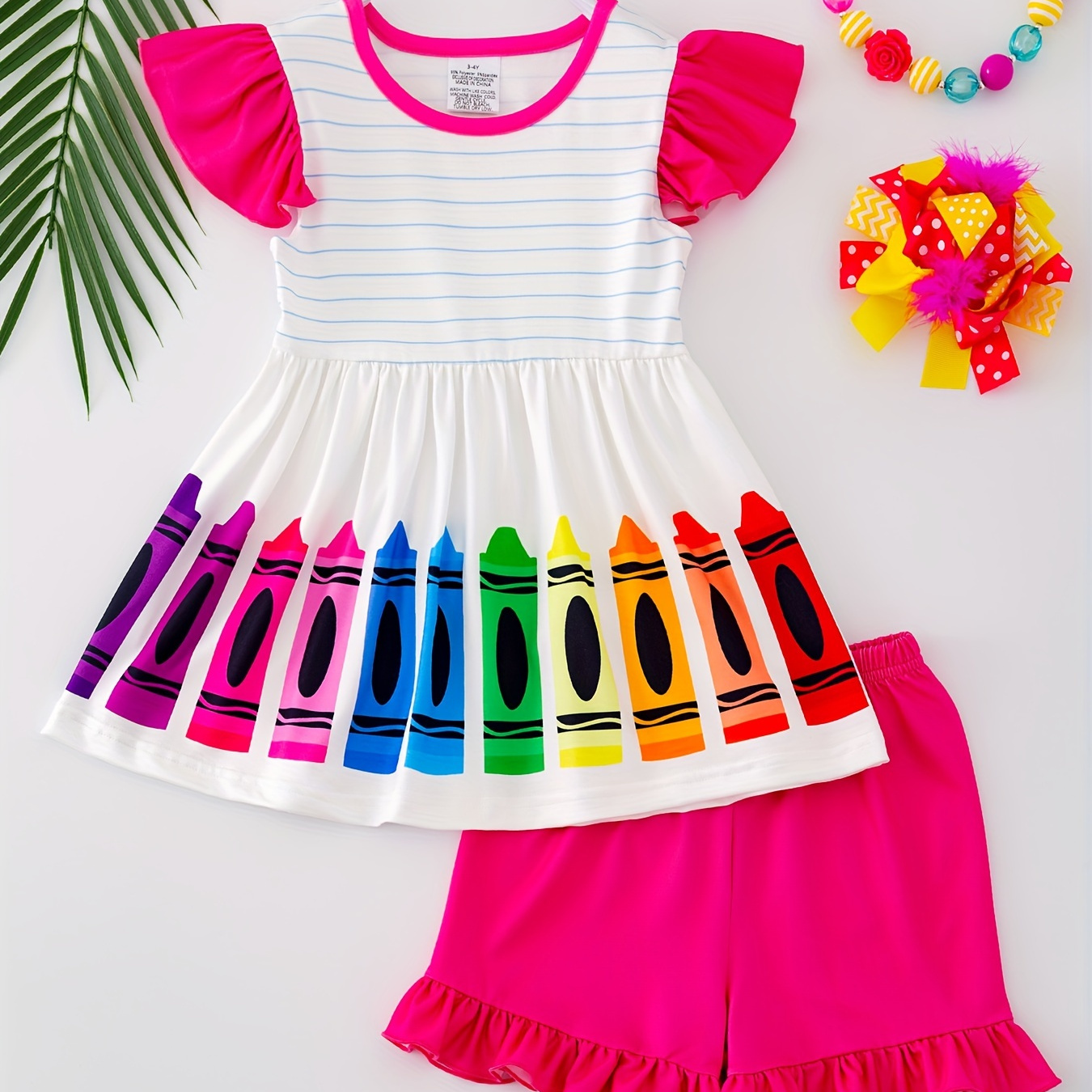 

Girls2pcs, School Crayons Print Frill Sleeve T-shirt Top + Casual Shorts Set Vacation Summer Outfit, Gift