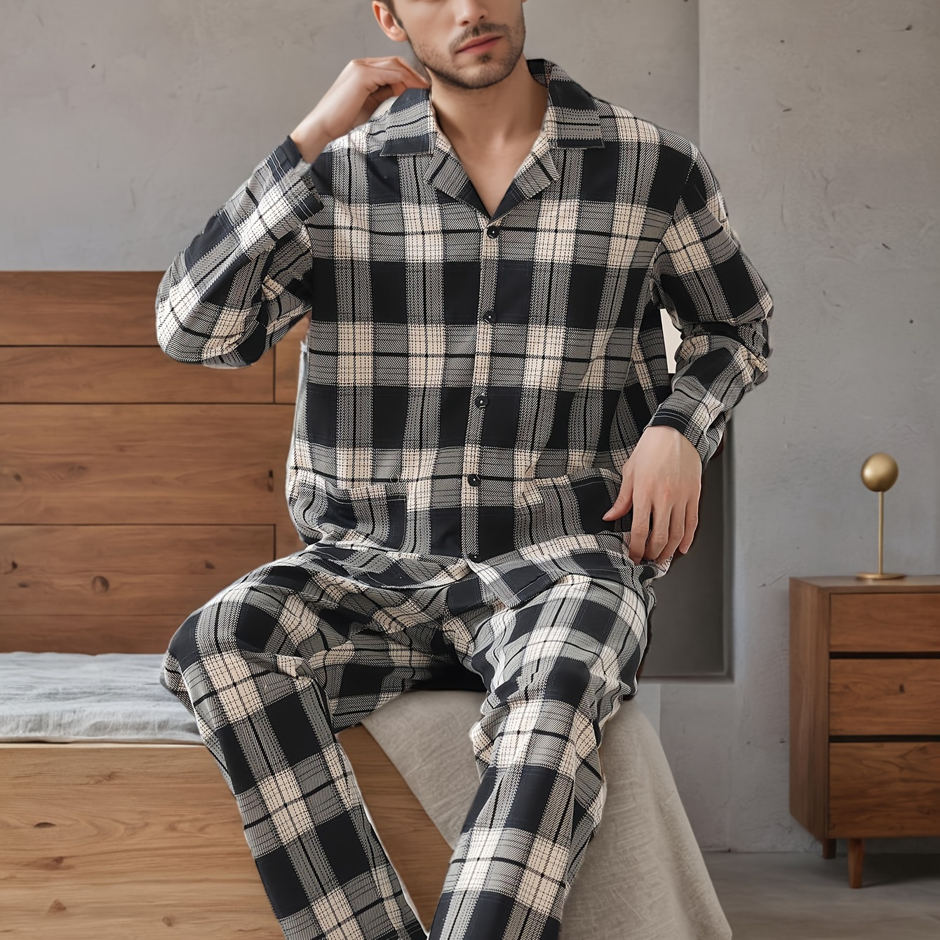 

Men's Plaid Pajama Set Long Sleeve Lapel Collar Polyester Sleepwear - Slight Stretch, , Spring/fall Knit Set (95% Polyester, 5% Elastane)