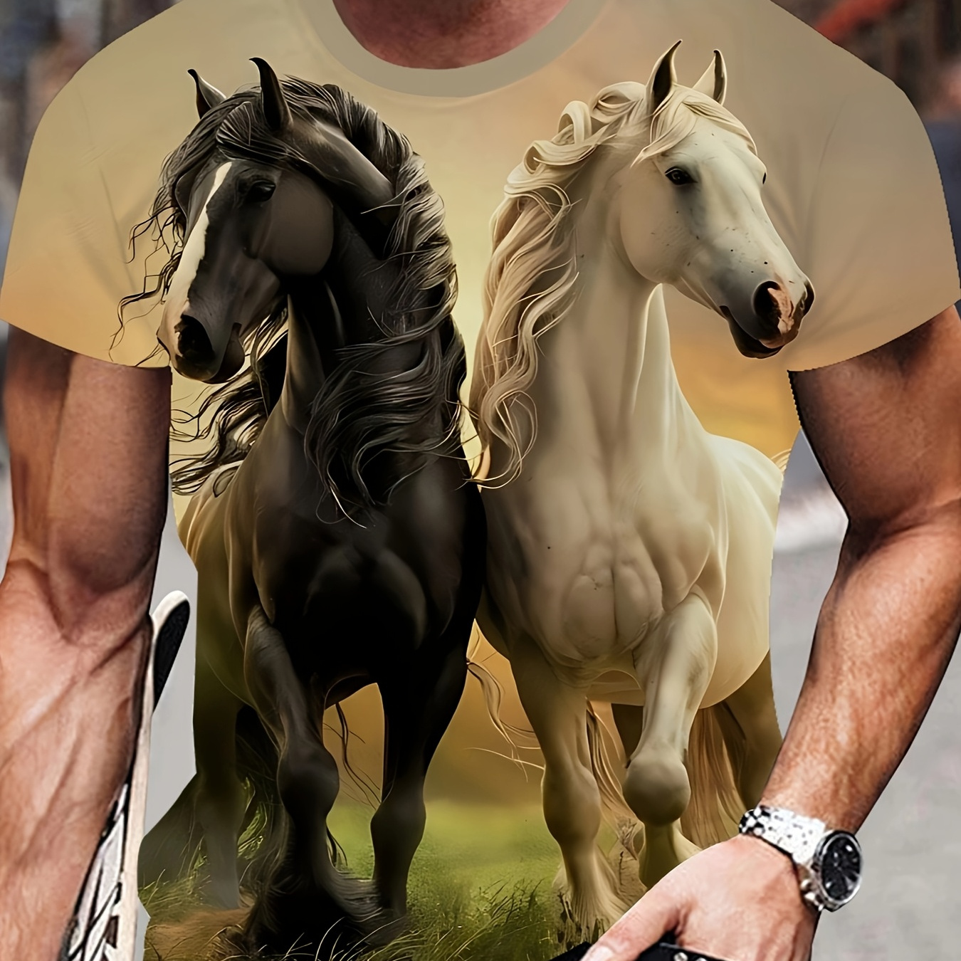 

1pc Men's 3d Horse Print T-shirt, Casual Crew Neck Short Sleeve Top, Fashion Summer Tee, Polyester Knit Fabric, Slight Stretch, Heat Transfer Printed, Regular Fit For Gym & Outdoor - Black & Design