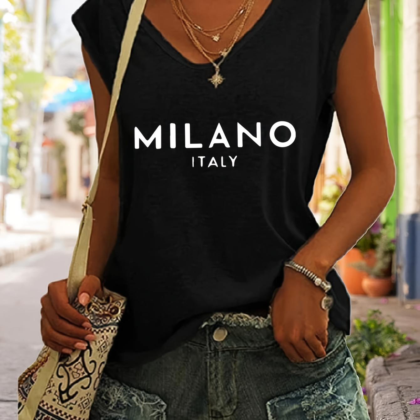 

Plus Size Milano Print T-shirt, Casual Cap Sleeve V Neck Top For Spring & Summer, Women's Plus Size Clothing