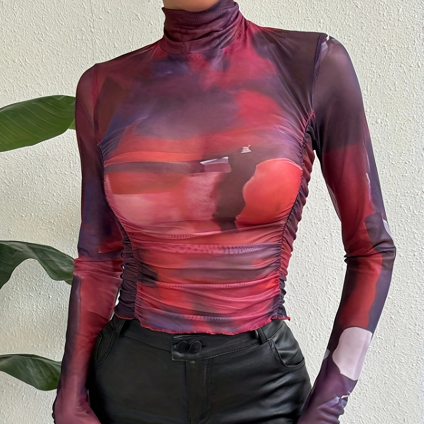 

Tie Dye Turtle Neck Mesh T-shirt, Casual Long Sleeve Ruched Slim Top, Women's Clothing