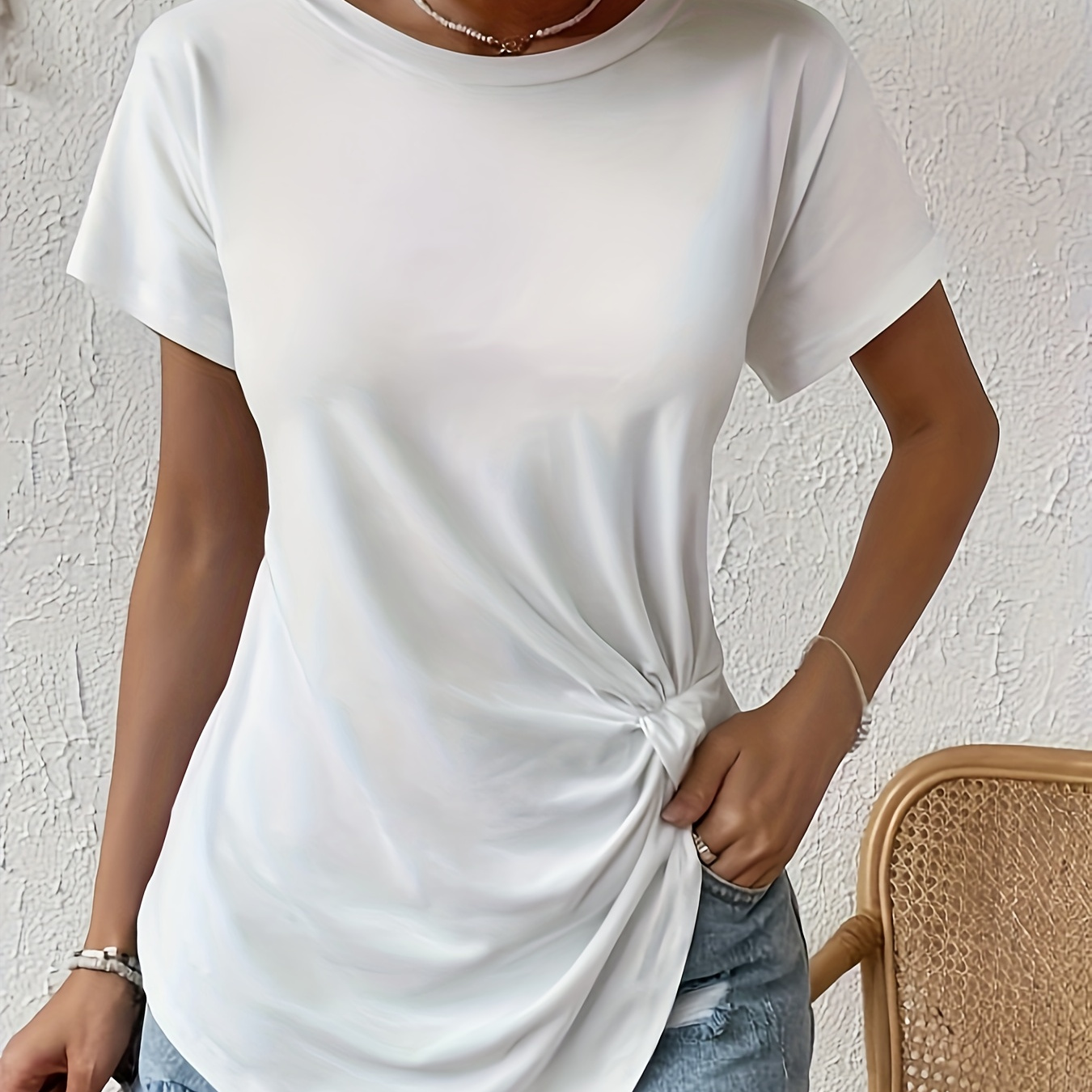 

Solid Color Crew Neck T-shirt, Casual Short Sleeve Knotted Side T-shirt For Spring & Summer, Women's Clothing