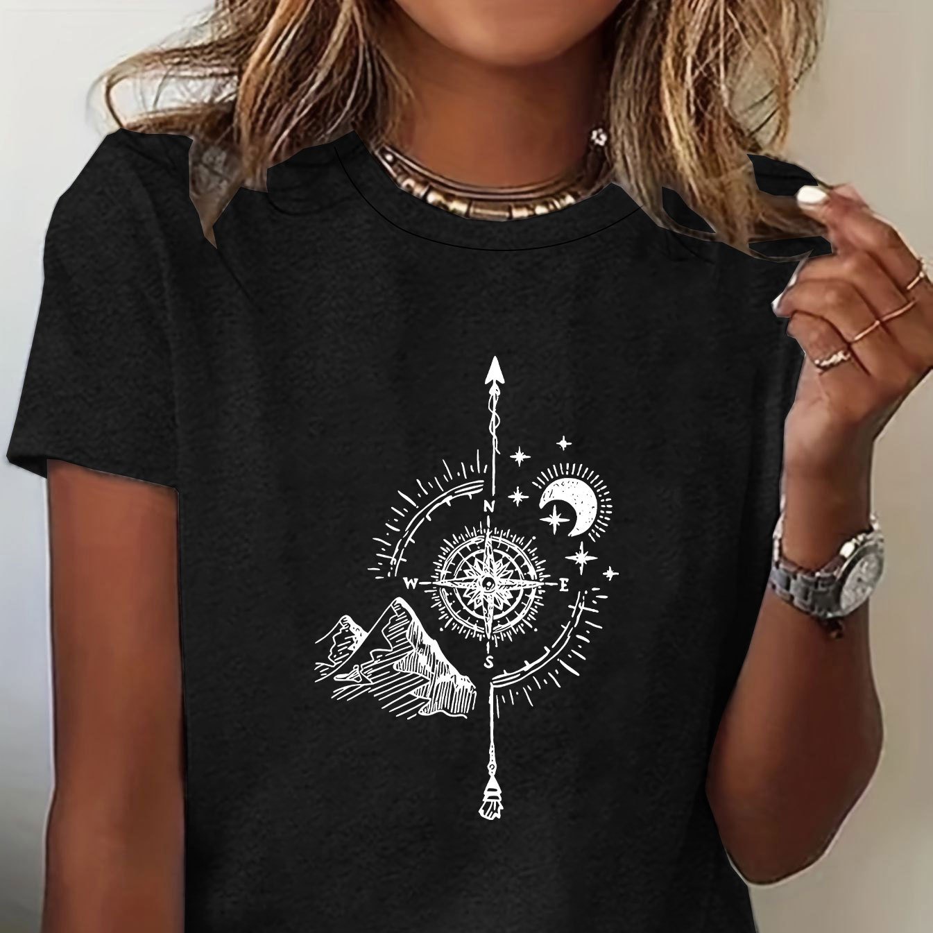 

Compass & Mountain Print T-shirt, Short Sleeve Crew Neck Casual Top For Summer & Spring, Women's Clothing
