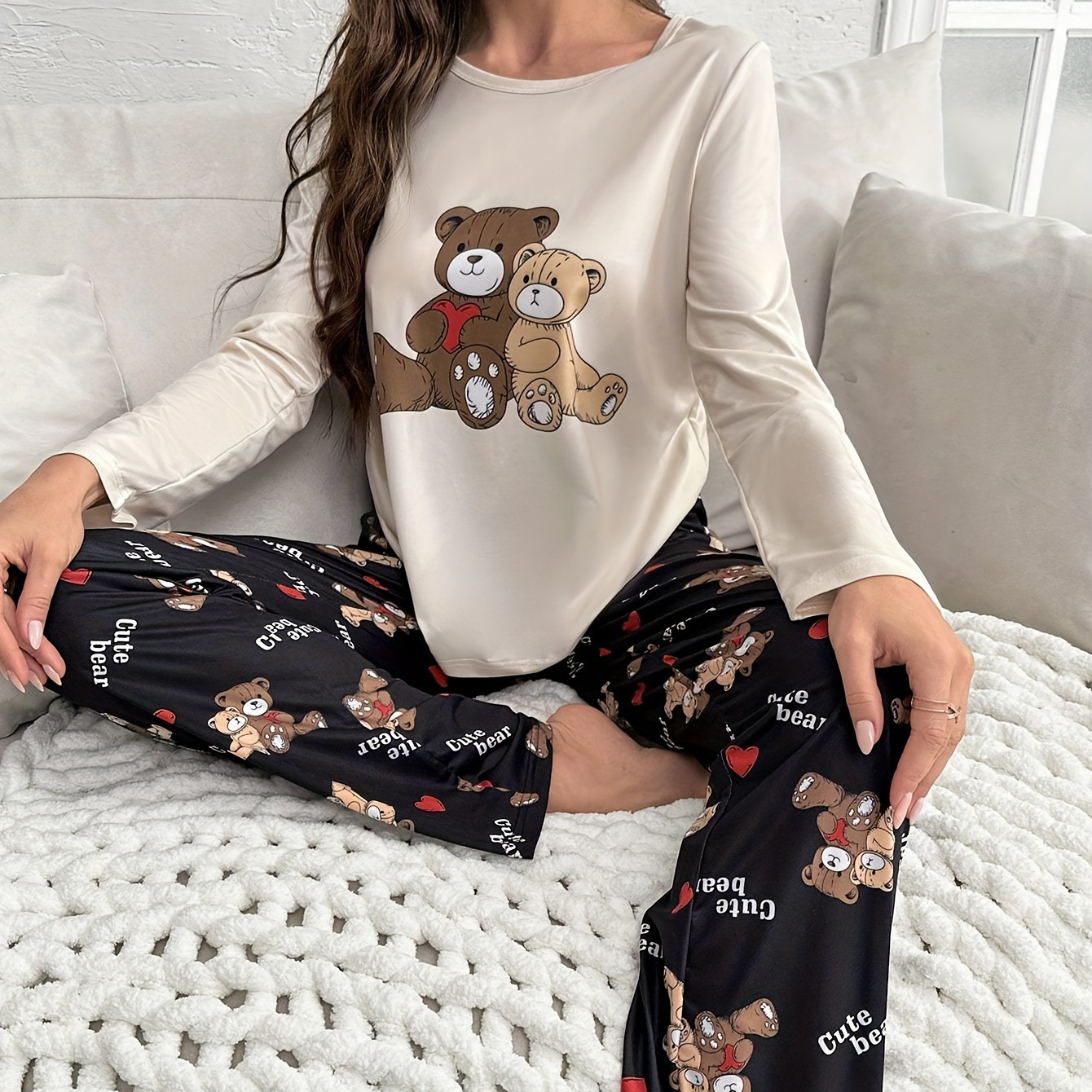 

Ensemble de pyjama décontracté pour femme avec imprimé d' de dessin , haut à manches longues et col rond, pantalon, coupe décontractée confortable pour