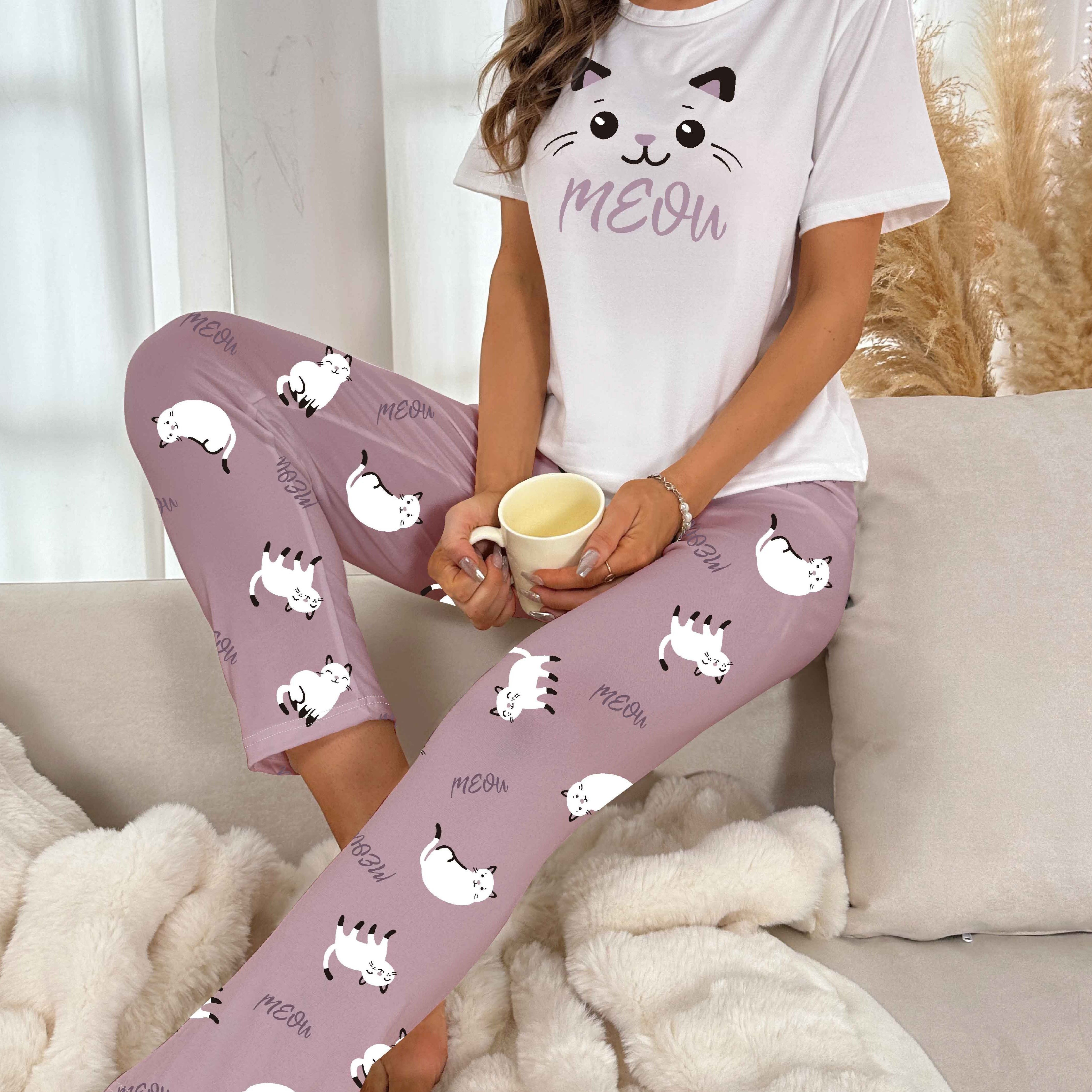 

Cute Cat & Letter Print Pajama Set, Casual Short Sleeve Round Neck T-shirt & Elastic Pants, Women's Sleepwear