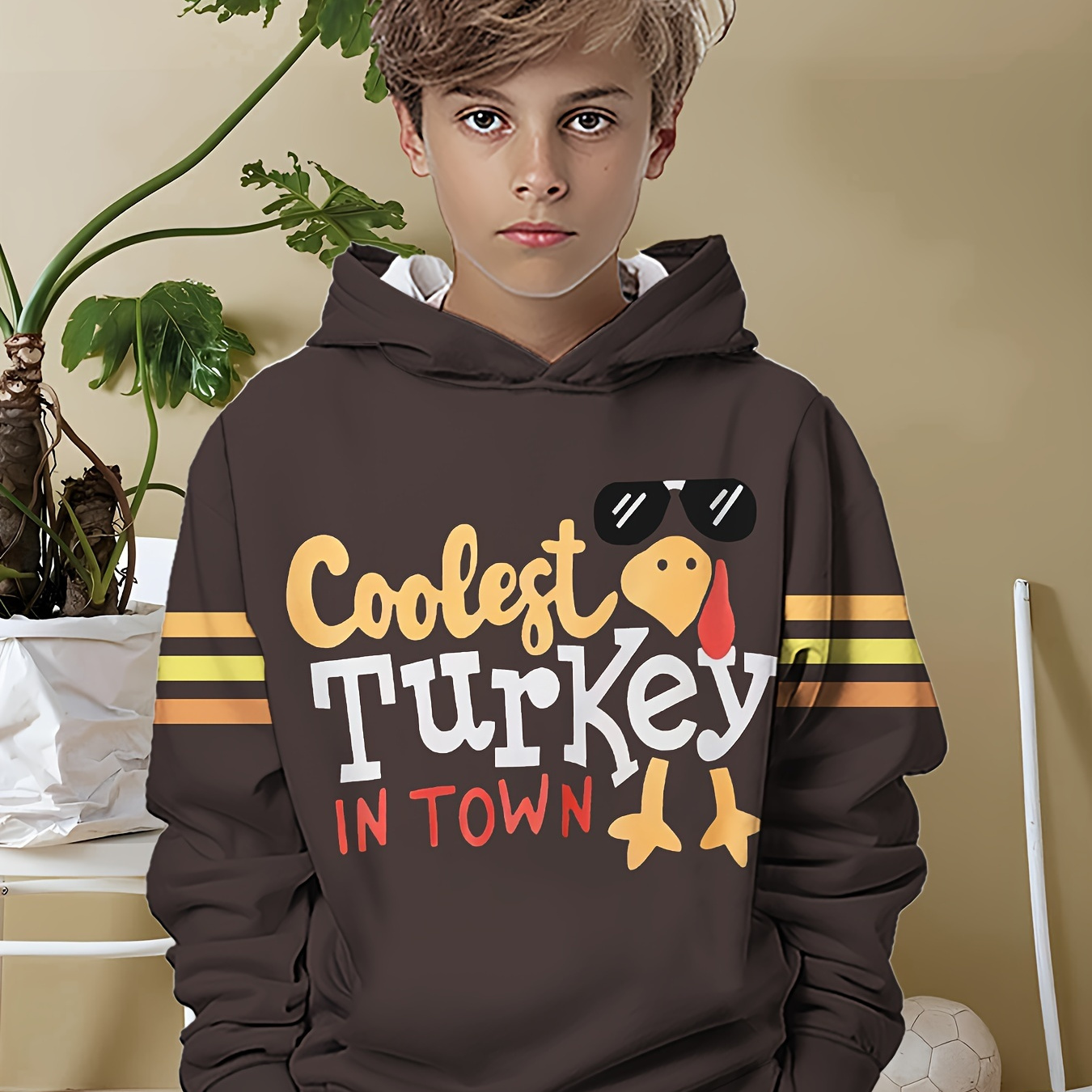 

Thanksgiving Turkey Cartoon Boy's Trendy Long Sleeve Hoodies, Cozy Sweatshirts For Spring And Autumn