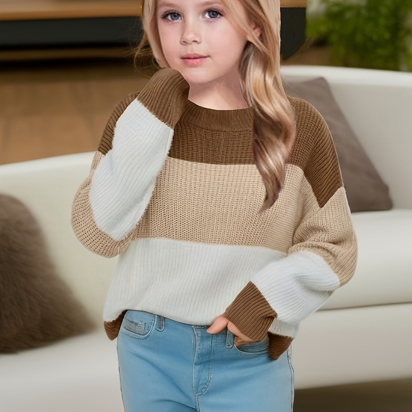 

Girls Color Block Drop Shoulder Long Sleeve Casual Sweater Pullover