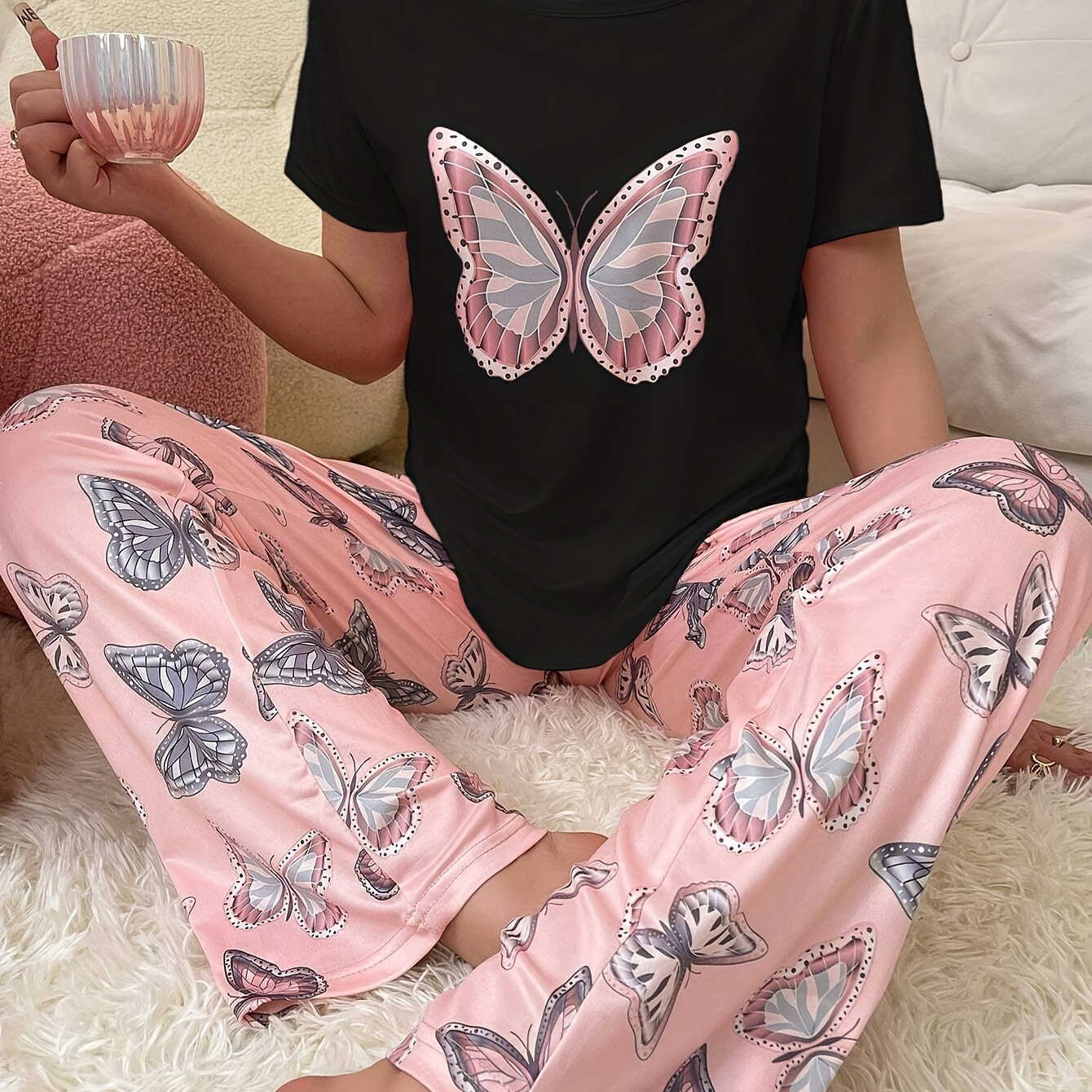 

Women's 2pcs Print Pajama Set, Casual Crew Neck Knit Polyester 95% Elastane 5% , Fit Loungewear With Bow Detail