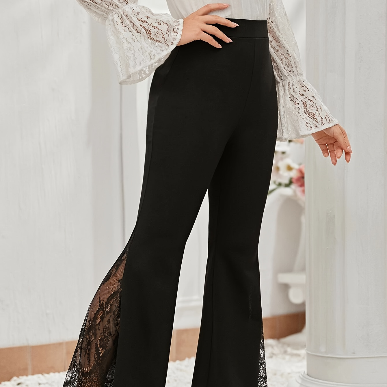 

Contrast Lace Flare Leg Pants, Elegant High Waist Forbidden Pants For Spring & Summer, Women's Clothing