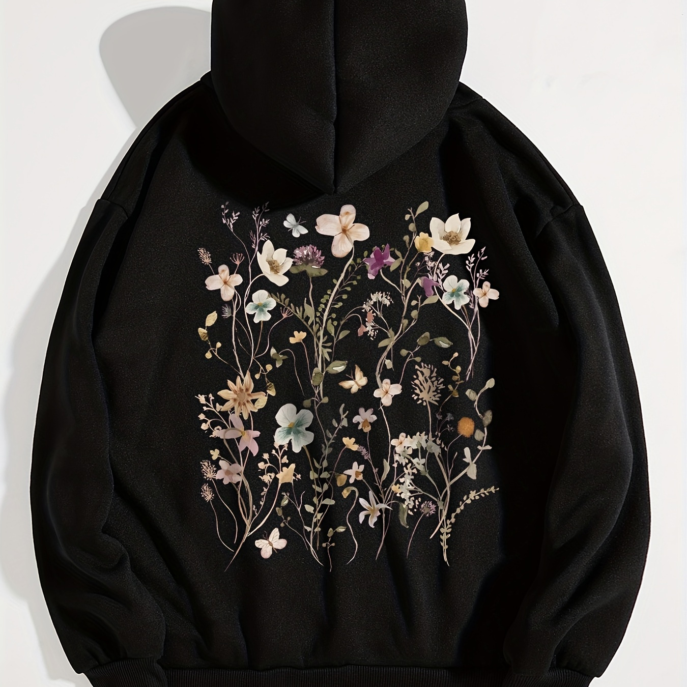 

Plus Size Casual Sweatshirt, Women's Plus Floral Print Long Sleeve Drawstring Fleece Hoodie With Kangaroo Pocket