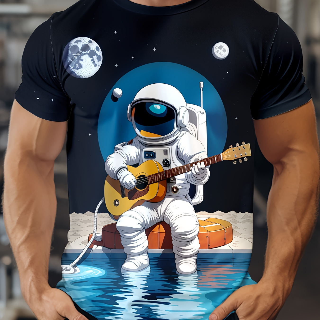 

Men's Astronaut Print T-shirt, Casual Short Sleeve Crew Neck Tee, Men's Clothing For Outdoor