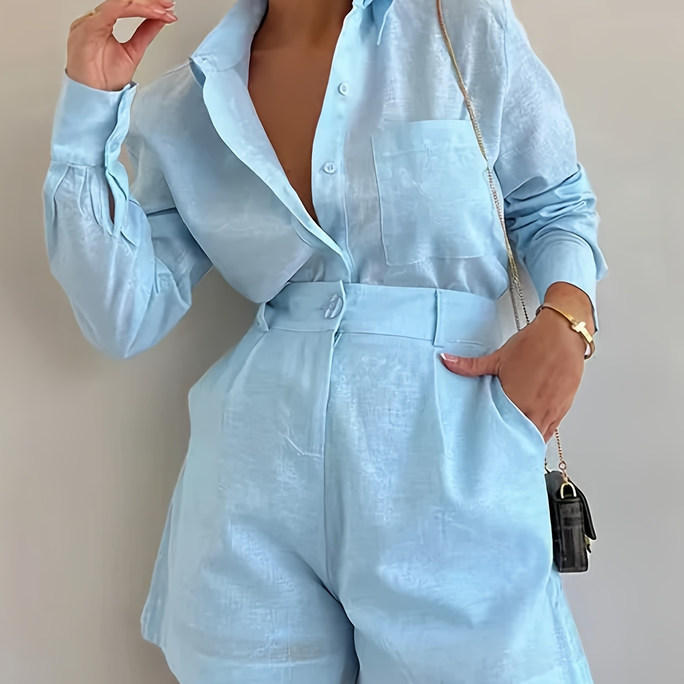 

Women's Casual Polyester Pantsuit - Solid Color Lapel Collar Woven Suit Set For Spring/summer