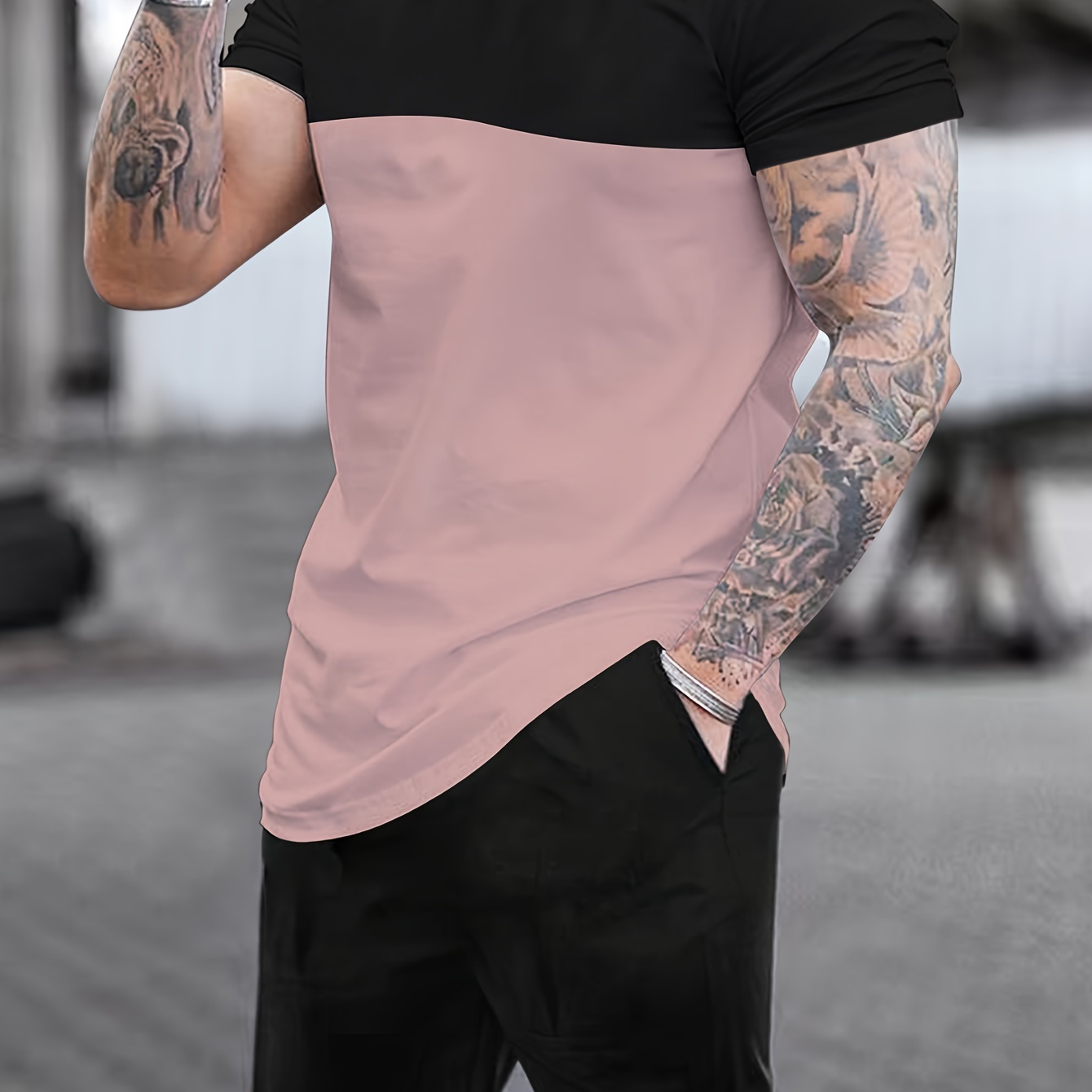 

2-piece Men's All-match Summer Outfit Set, Men's Color Block Short Sleeve T-shirt & Solid Pocket Shorts Set