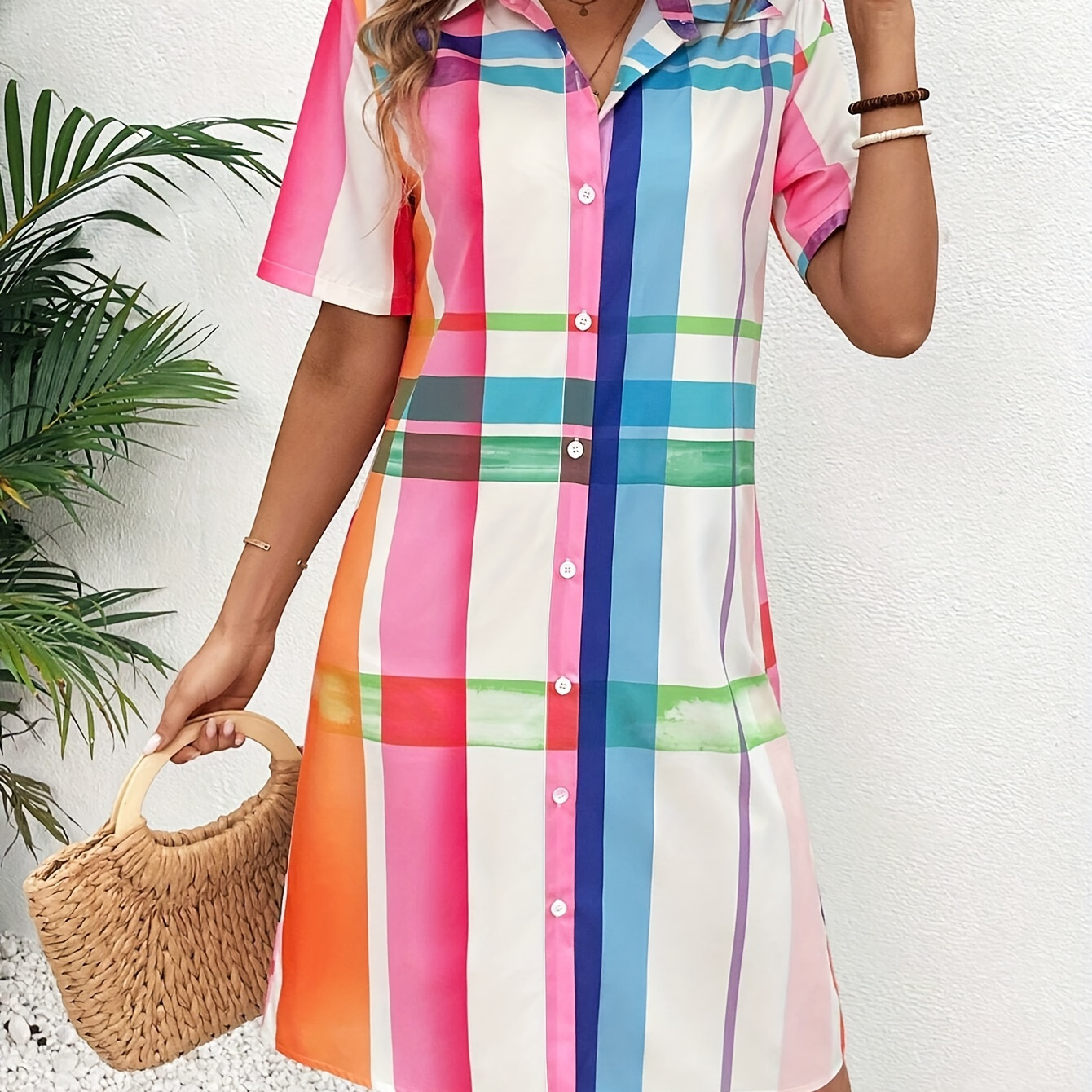 

Plaid Print Button Front Shirt Dress, Vacation Collared Short Sleeve Midi Dress For Spring & Summer, Women's Clothing