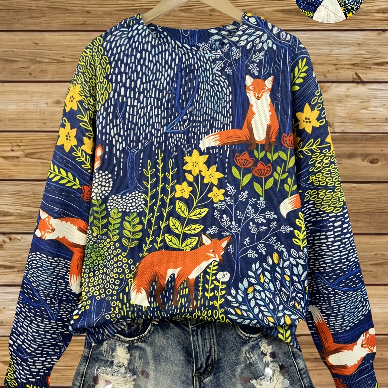 

Pullover élégant à col rond et imprimé animal à manches longues | Tissu tricoté % polyester | Pull non extensible à coupe régulière avec motif renard et sur | Haut élégant pour femme automne/hiver