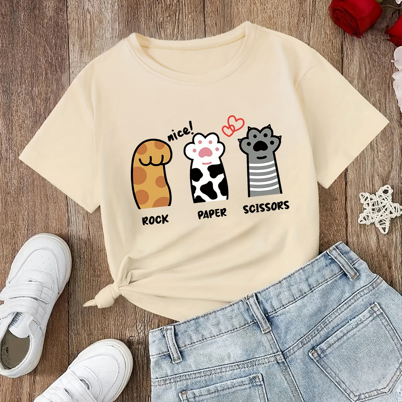 

Letters & Cute Cartoon Cat Paws Graphic Print, Tween Girls' Casual & Comfy Crew Neck Short Sleeve Tee For Spring & Summer, Tween Girls' Clothes For Outdoor Activities