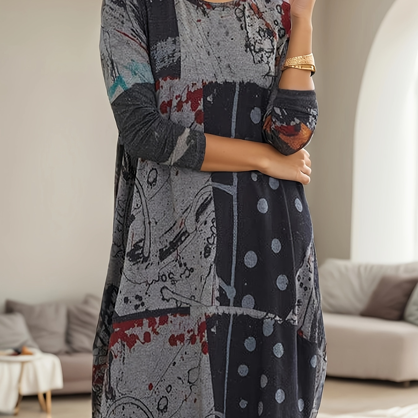 

Size Abstract Print Dress For Women - Crew Neck, Long Sleeve, Asymmetrical Hem, Machine Washable