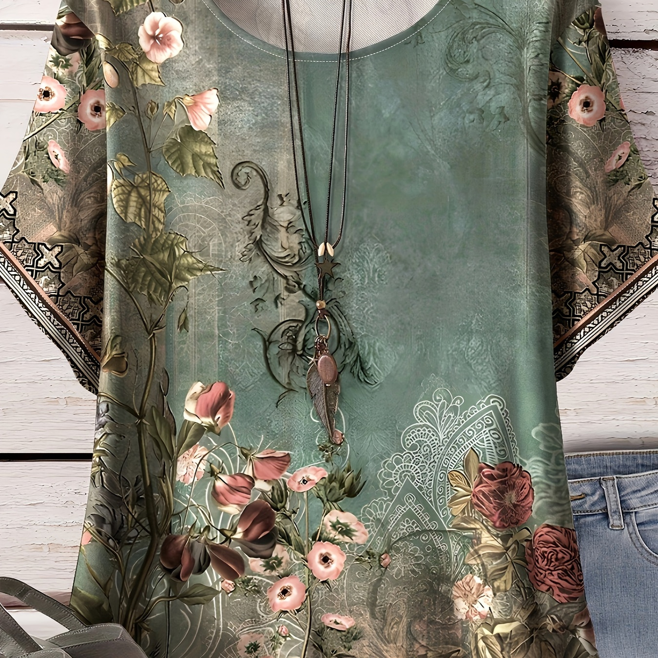 

Plus Size Floral Print T-shirt, Casual Crew Neck Short Sleeve T-shirt, Women's Plus Size clothing