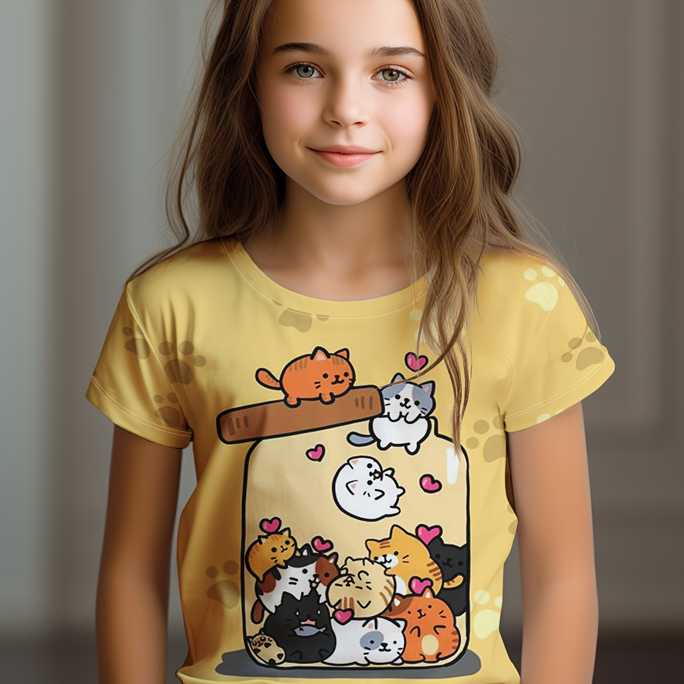 

Versatile Cartoon Cat Print Crew Neck Short Sleeve T-shirt, Comfy Breathable Tops For Girls Summer
