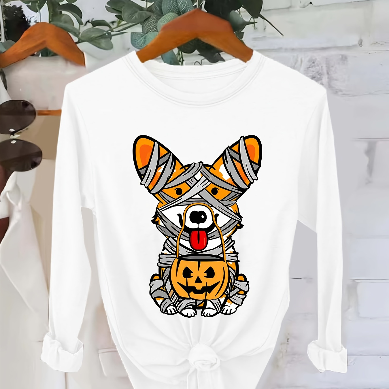 

Halloween Pumpkin Corgi Print T-shirt, Casual Crew Neck Long Sleeve Top, Women's Clothing