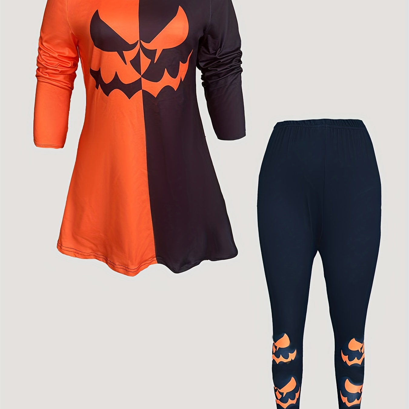 

Plus Size Halloween Gothic Outfits Set, Women's Plus Pumpkin Print Long Sleeve Round Neck Top & Leggings Outfits 2 Piece Set