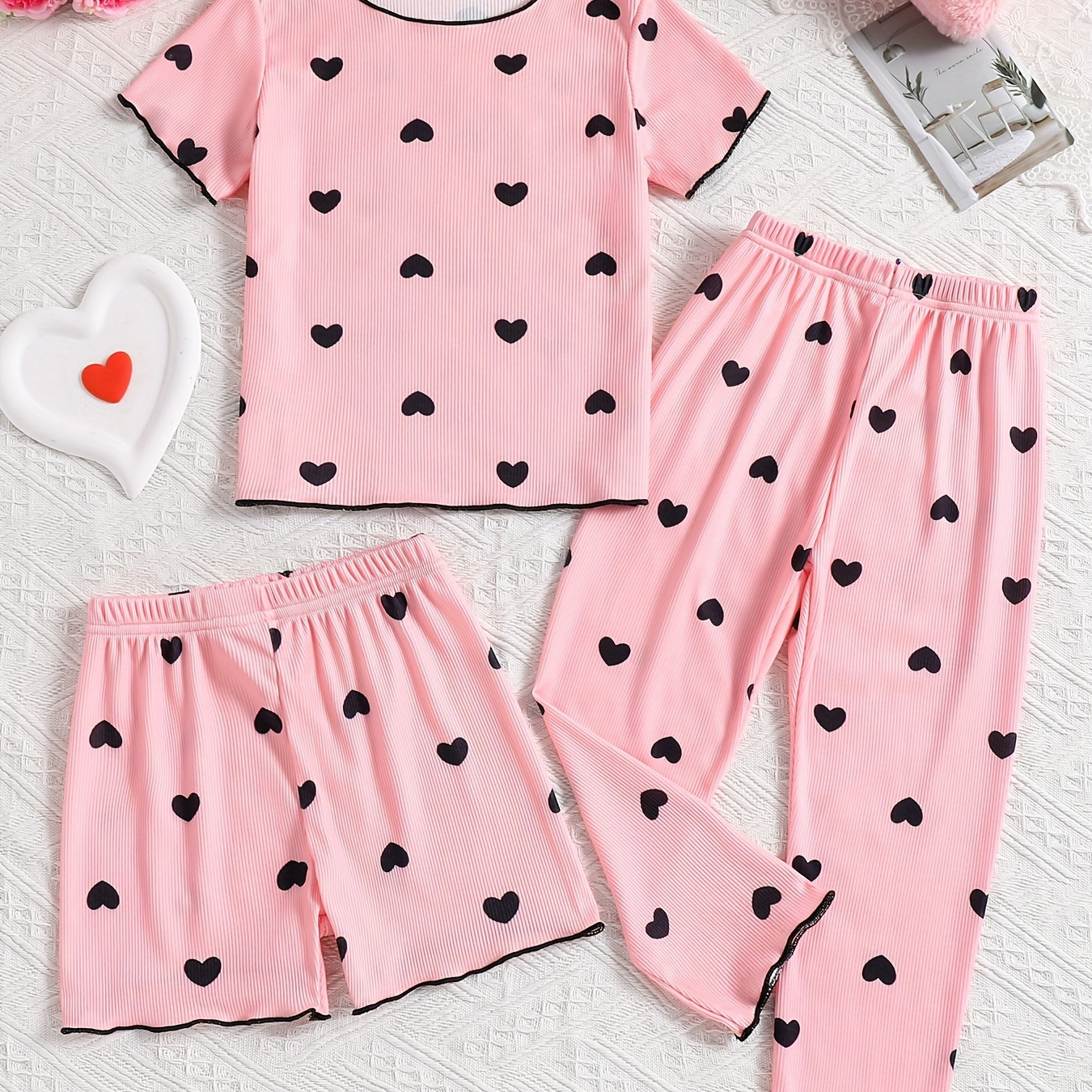 

2 Pcs Girls Cute Pit Strip Pajama Sets, Heart Print Short Sleeve T-shirts & Shorts & Pants, Comfortable & Cute Style Princess Pajamas For Girls Cozy Loungewear