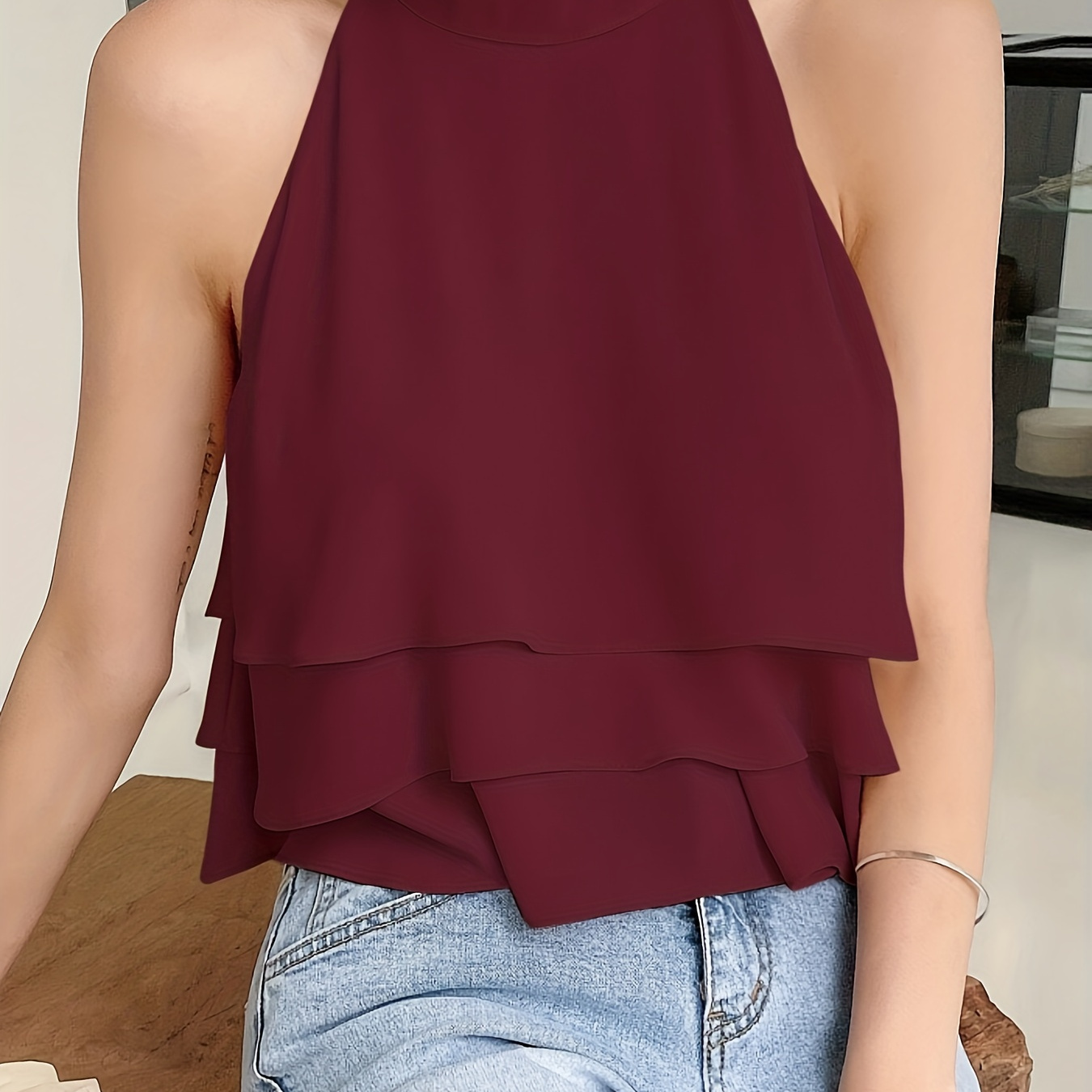 

Elegant Collar Halter Top, Polyester (95% Polyester, 5% Elastane), Solid Color, Sleeveless, Woven Chiffon Shirt For Women, Spring/summer/fall