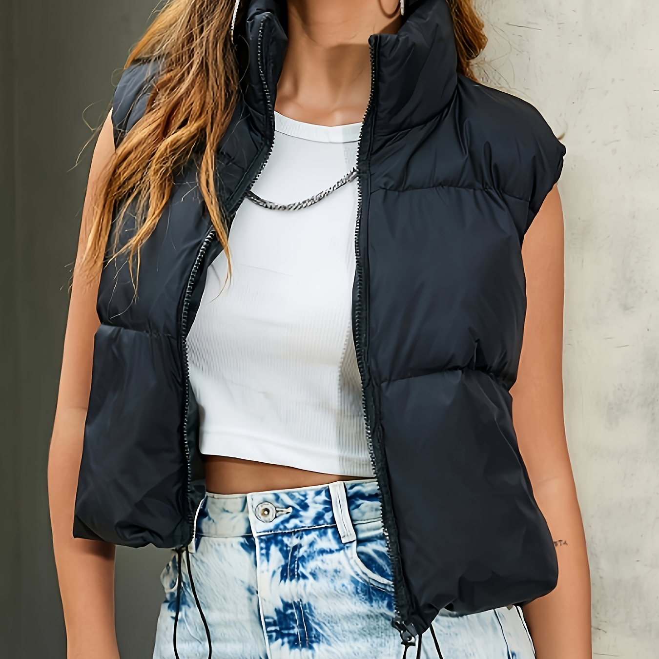 

Zip-up Stand Collar Puffy Vest, Casual Sleeveless Pockets Warm Vest For Fall & Winter, Women's Clothing