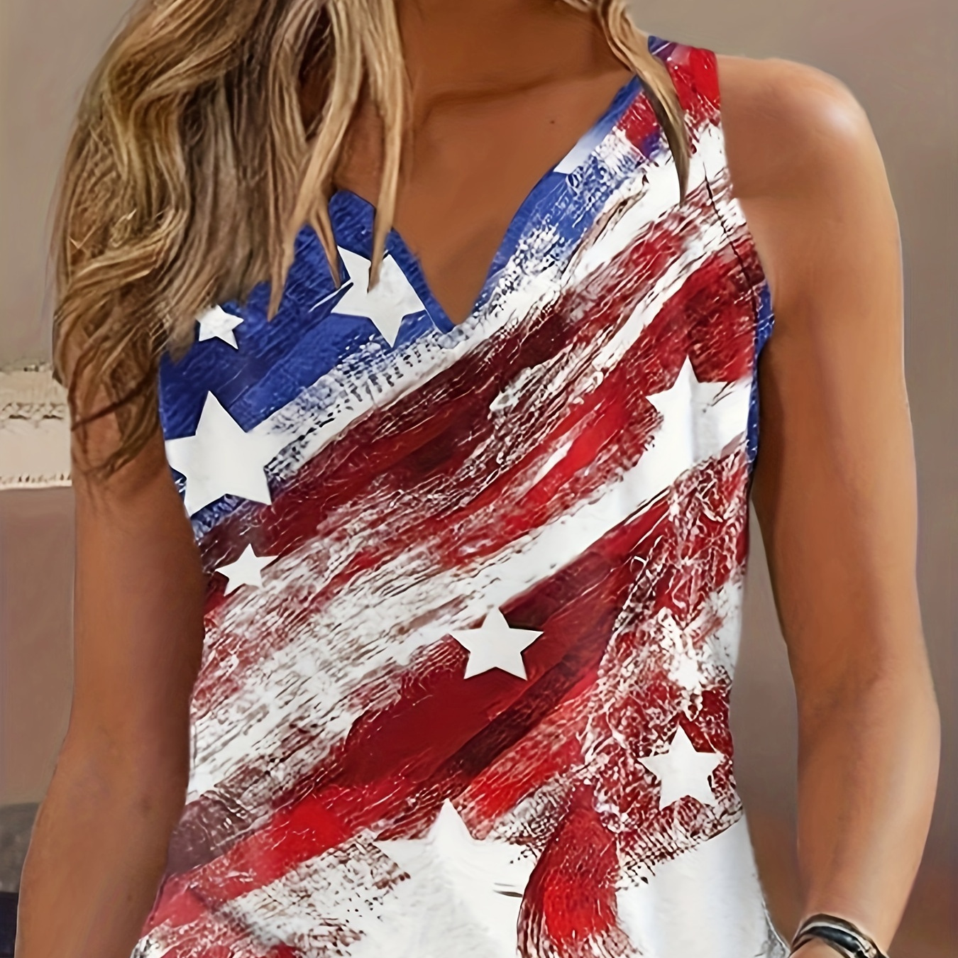 

American Flag Print Notched Neck Tank Top, Casual Sleeveless Top For Spring & Summer, Women's Clothing