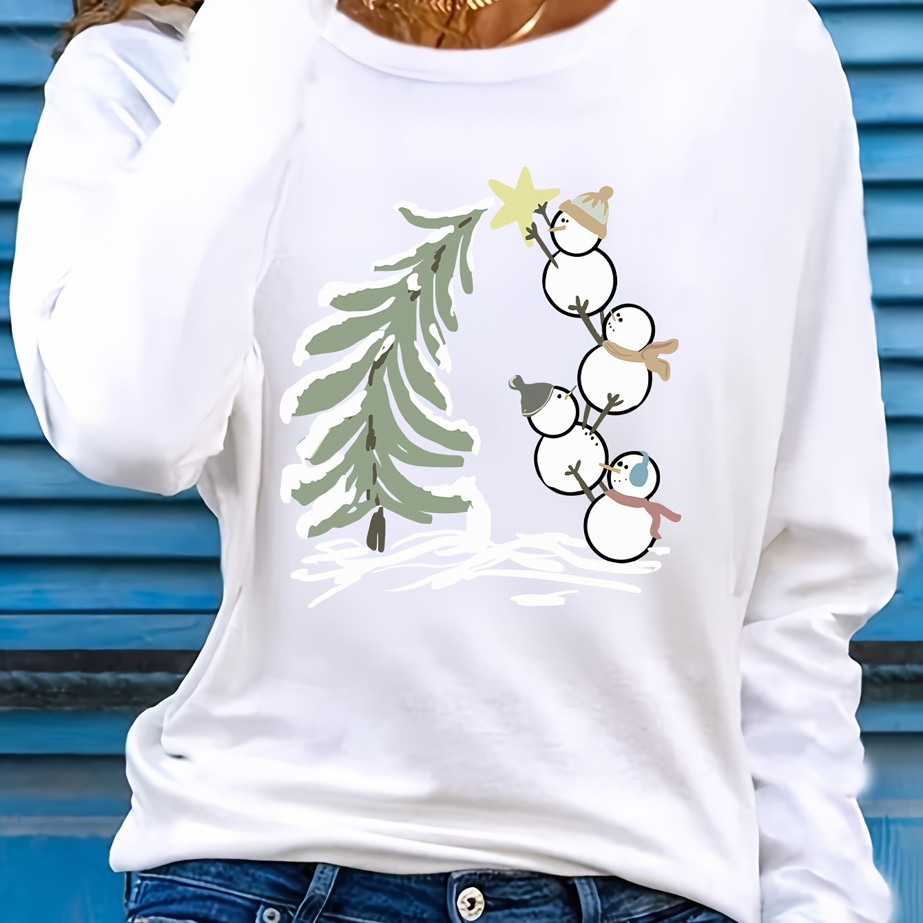 

Women's Long Sleeve Round Neck T-shirt, Polyester, , Regular Fit, Christmas Tree Snowman Print, Pullover, No Pockets, Spring/, Knit Fabric