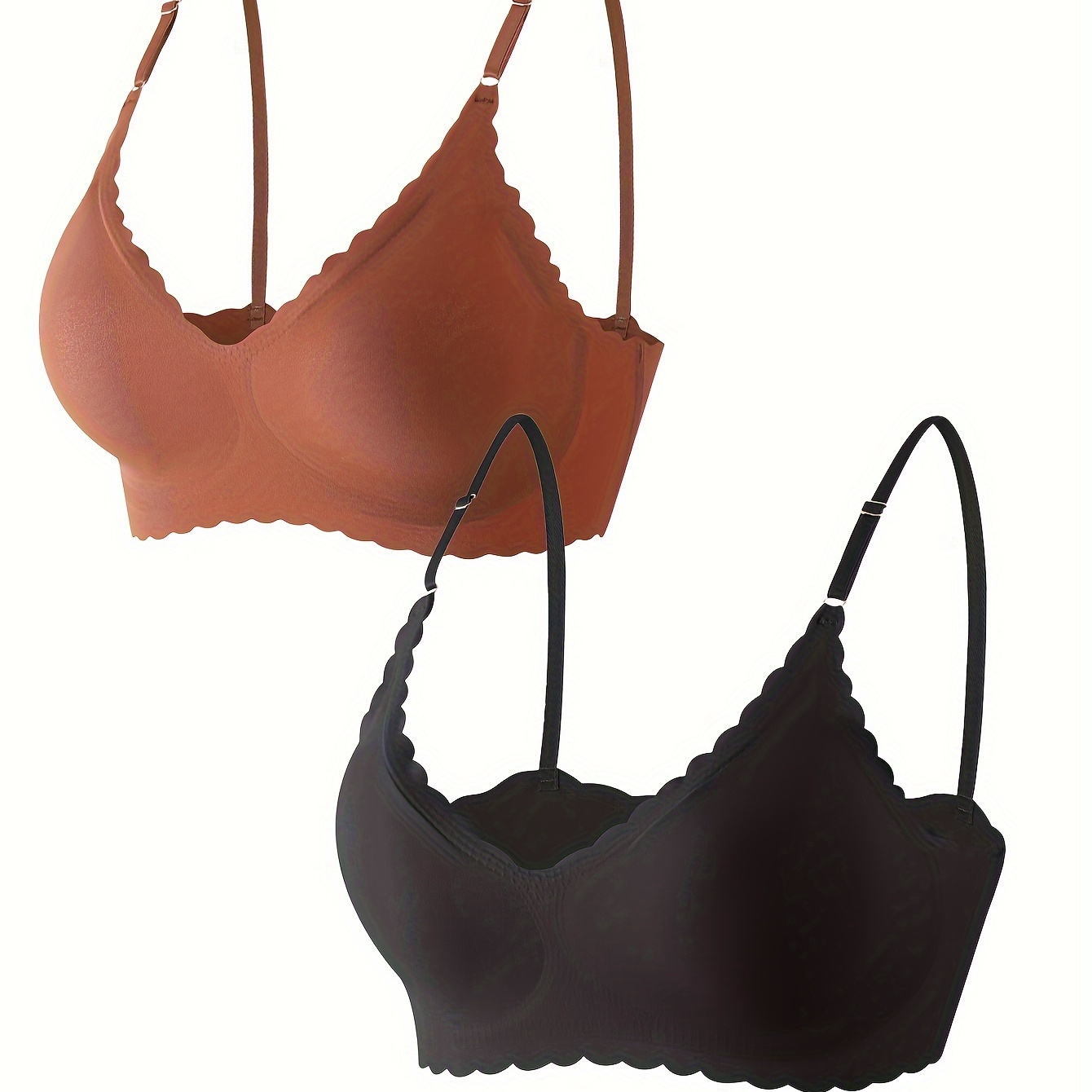 

2pcs Solid Wave Edge Bralette, Simple Seamless T-shirt Bra, Women's Lingerie & Underwear