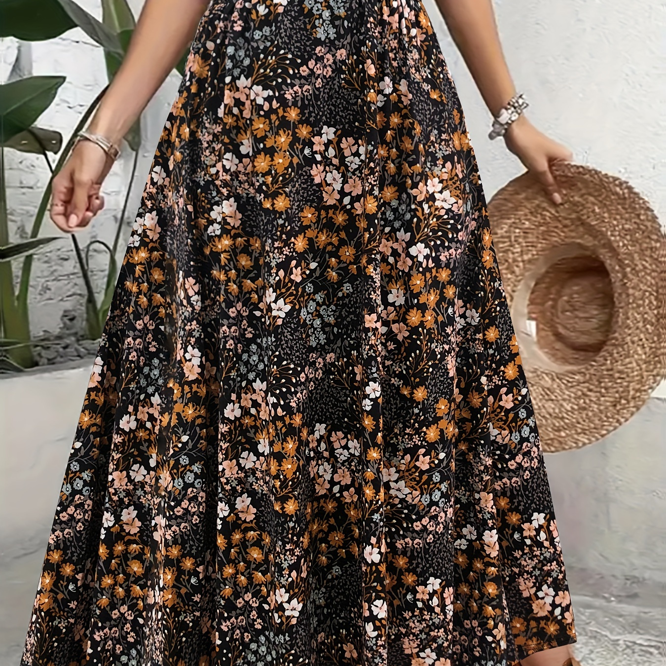 

Women's Casual Floral Print Maxi Skirt With Scallop Detail - 95% Polyester, 5% Elastane Knit Fabric, Middle , Versatile For All Seasons