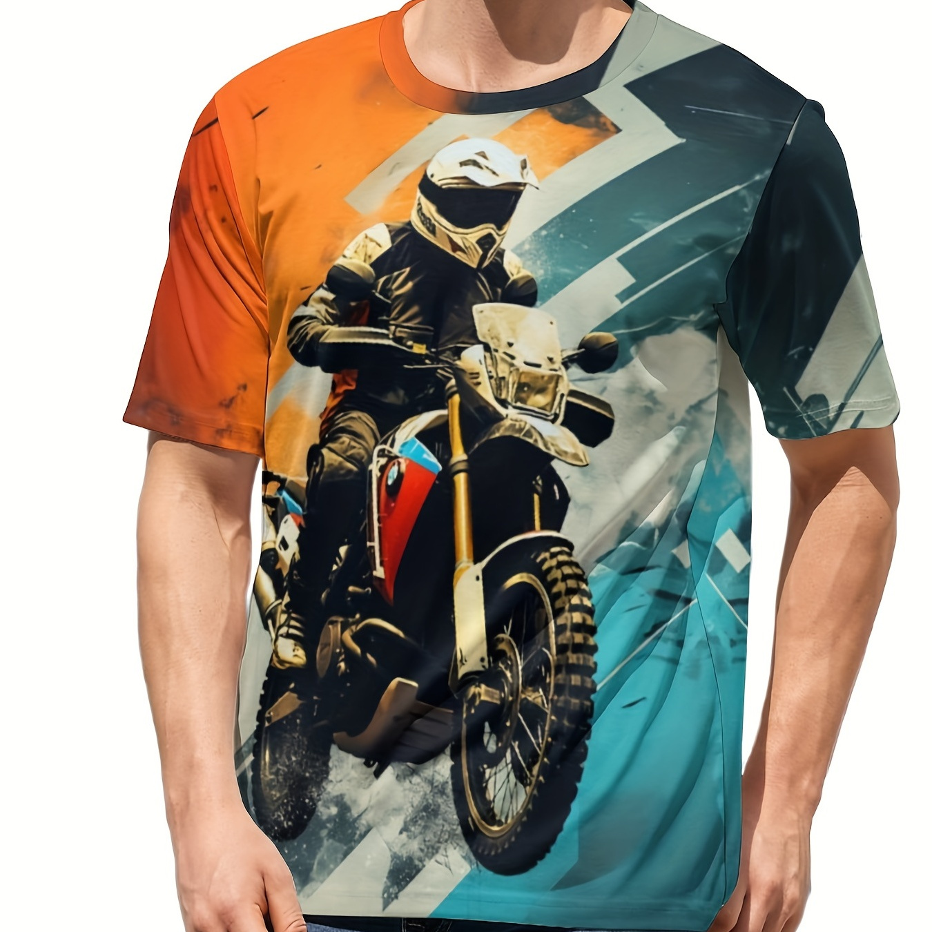 

Men's Motorbiker Graphic T-shirt, Casual Slightly Stretch Breathable Tee, Men's Clothing For Outdoor