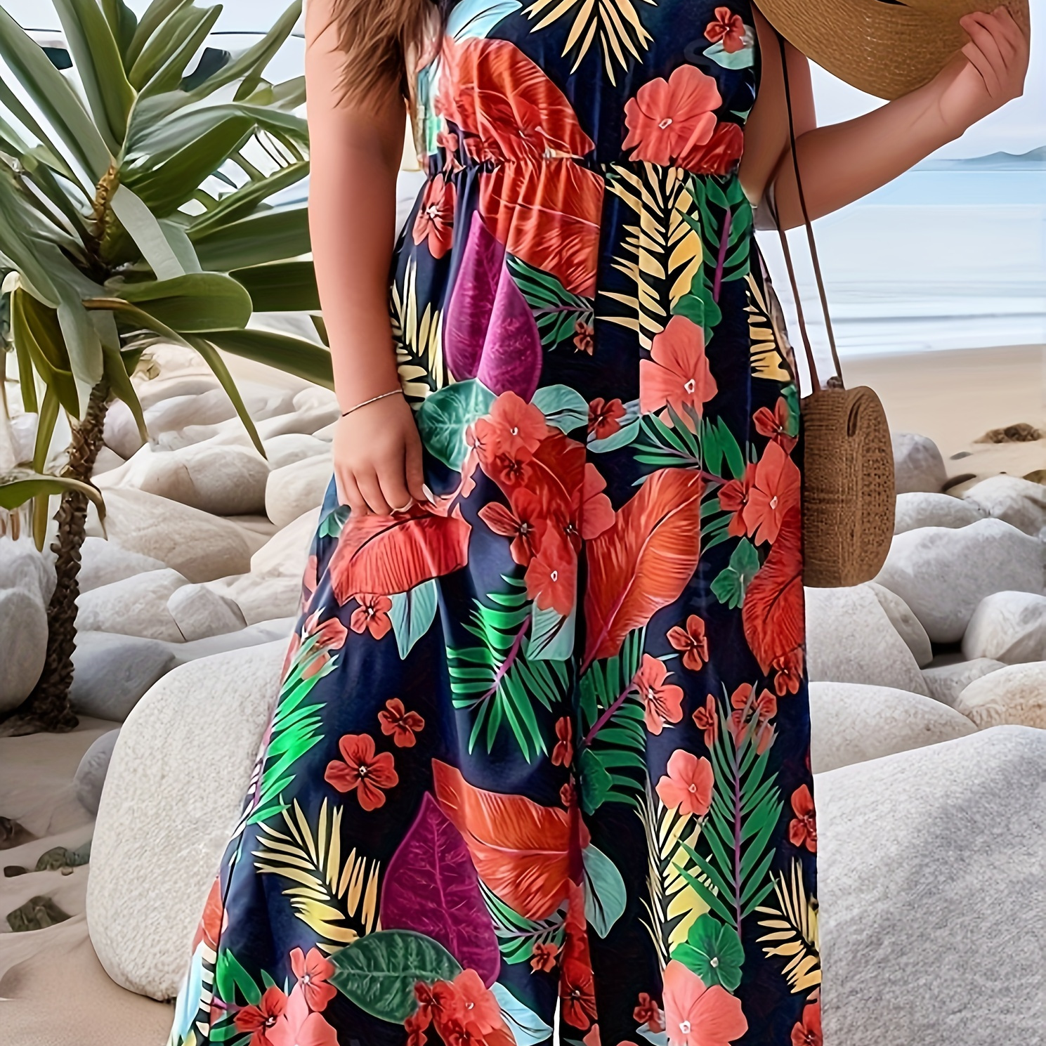 

Plus Size Tropical Print Cami Wide Leg Jumpsuit, Vacation Style Backless Cinched Waist V Neck Sleeveless Jumpsuit, Women's Plus Size Clothing